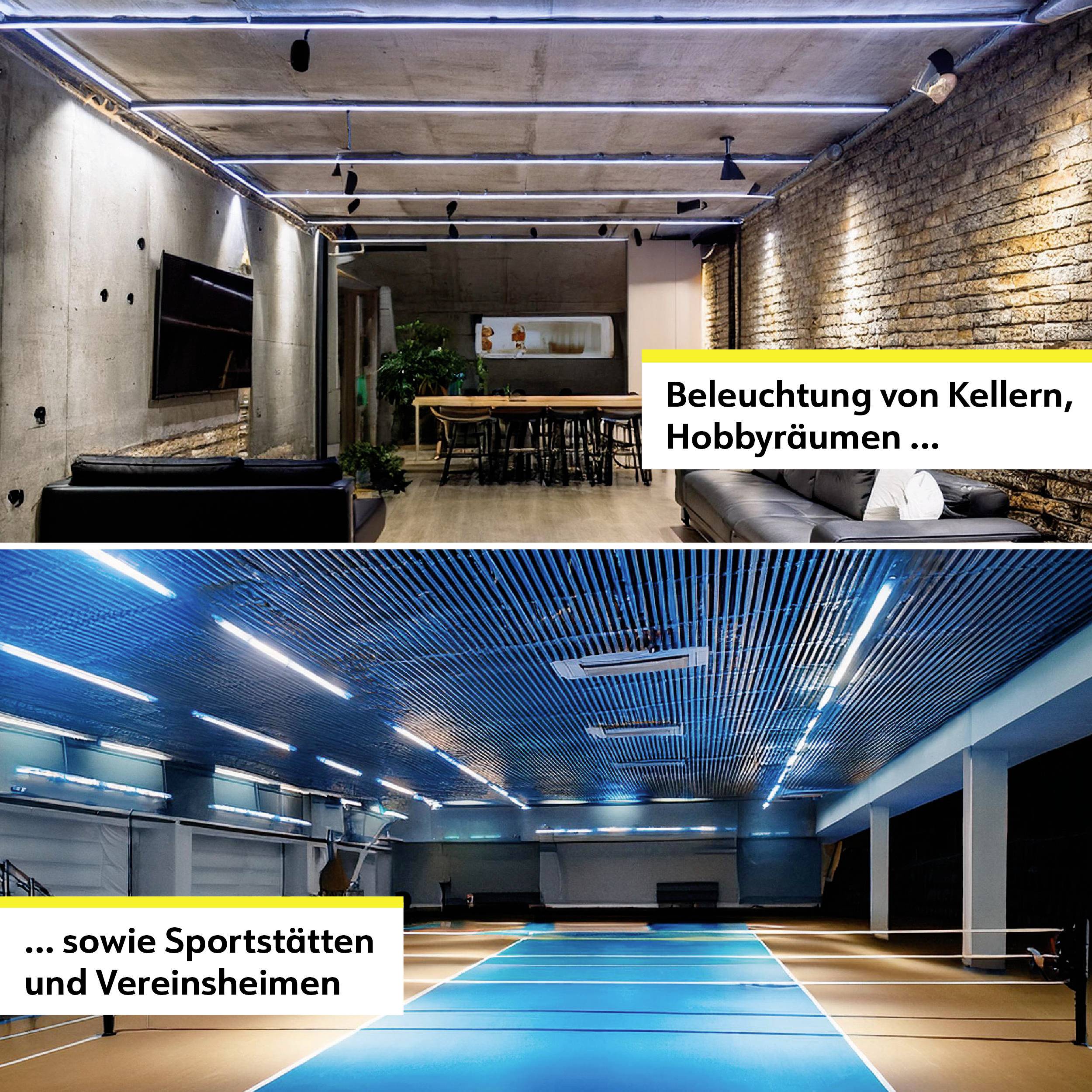 In einem modernen, gut beleuchteten Kellerraum steht ein Tisch mit mehreren Stühlen; daneben eine gut beleuchtete Sporthalle.