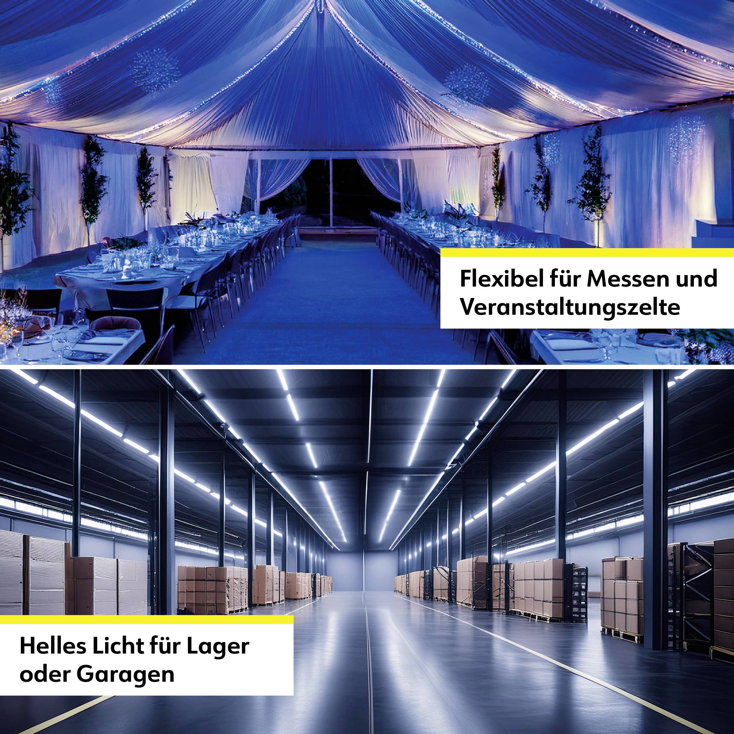 Oben: Elegantes Veranstaltungszelt mit gedeckten Tischen. Unten: Großes Lagerhaus mit Regalen, hell erleuchtet.