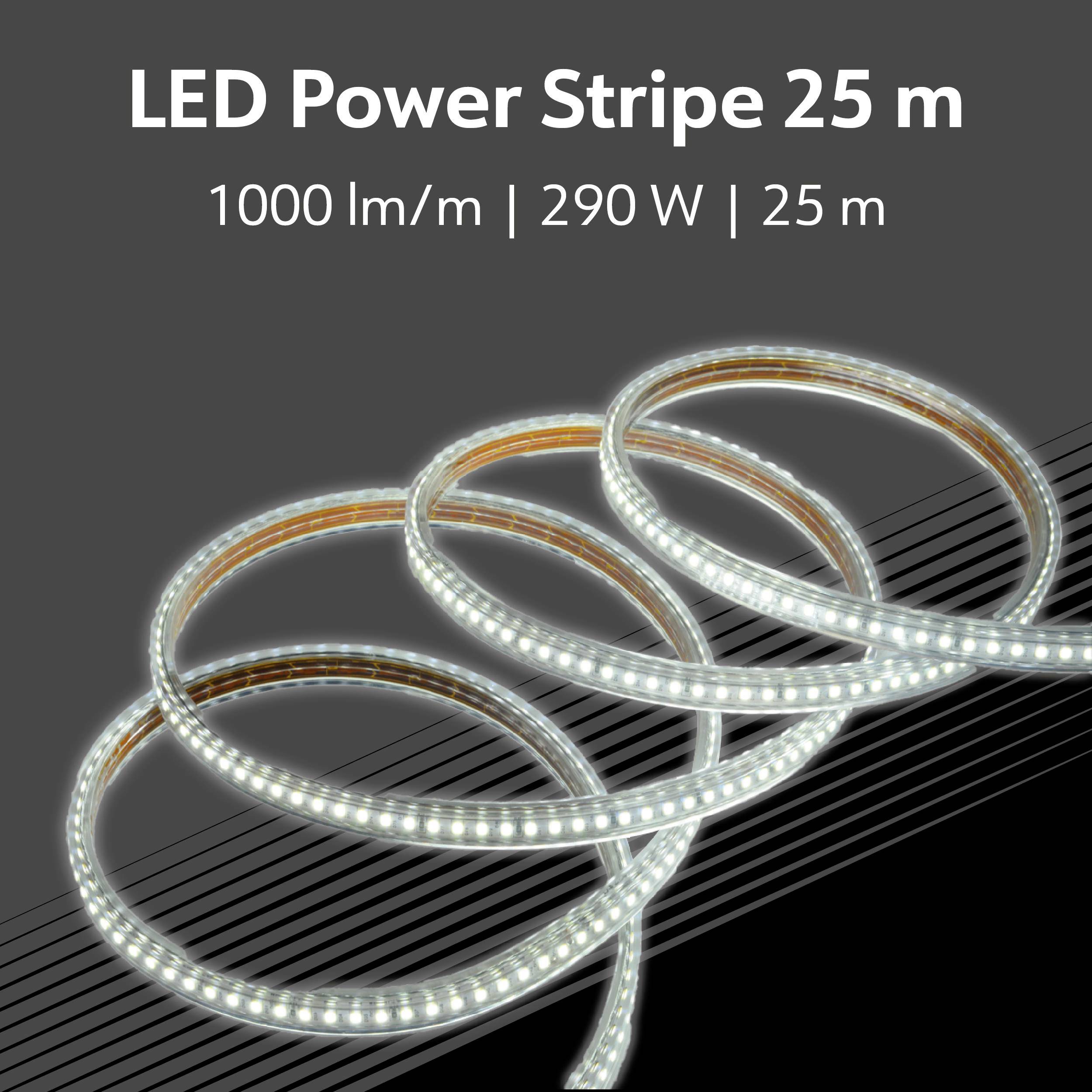 LED-Lichtleiste, 25 Meter lang, mit einer Helligkeit von 1000 Lumen pro Meter und einer Leistung von 290 Watt.