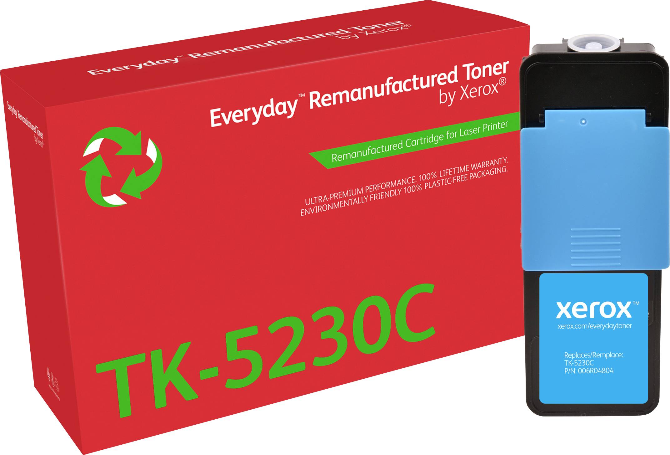 Rote Verpackung mit Aufschrift 'Everyday Remanufactured Toner by Xerox'. Tonerkartusche daneben mit blauer Abdeckung, Beschriftung 'TK-5230C'.