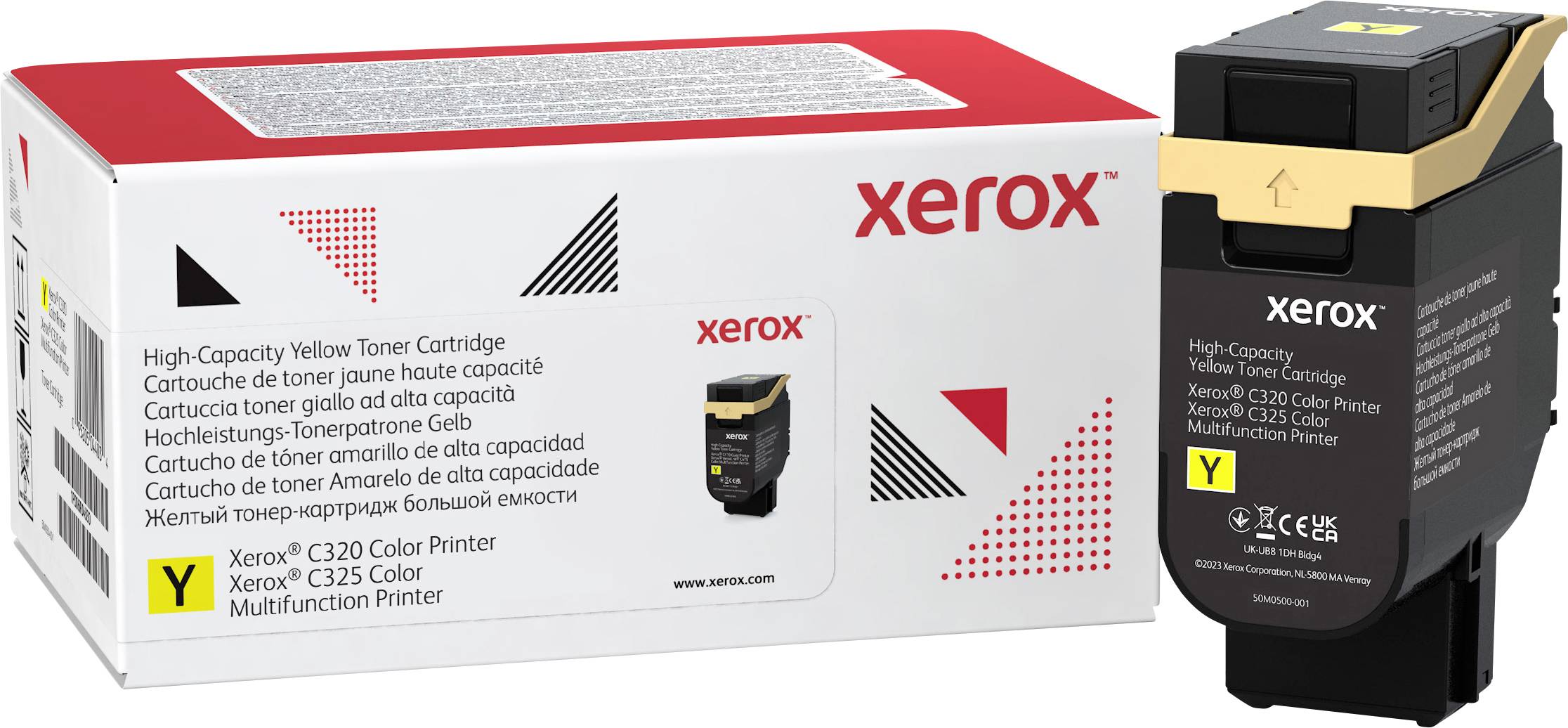 Gelber Tonerbehälter für Xerox C320 Farbdrucker, neben der Verpackung dargestellt. Verwendet für Druckanwendungen.