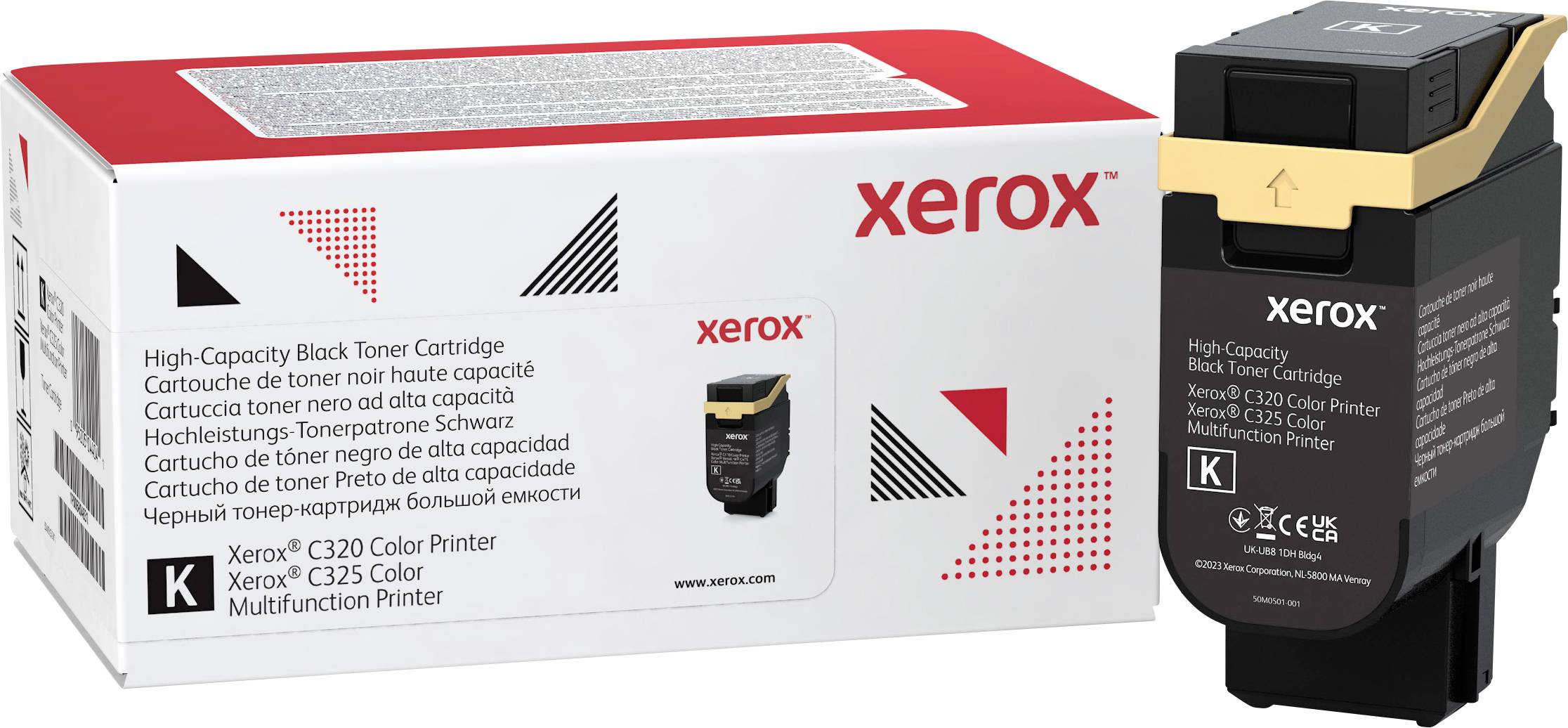 Die Abbildung zeigt eine Xerox Drucker-Tonerkartusche in Schwarz mit hoher Kapazität, Modell C320/C325. Verpackung und Kartusche sind sichtbar.