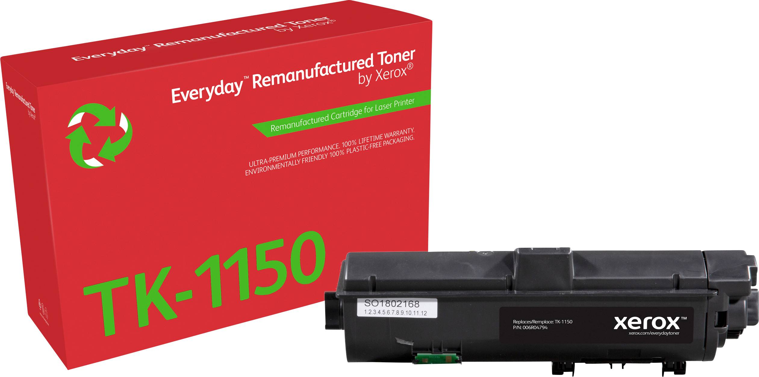 Remanufactured Toner TK-1150 von Xerox, neben einer roten Verpackung mit einem Recycling-Symbol und grünem Text. Geeignet für Laserdrucker.