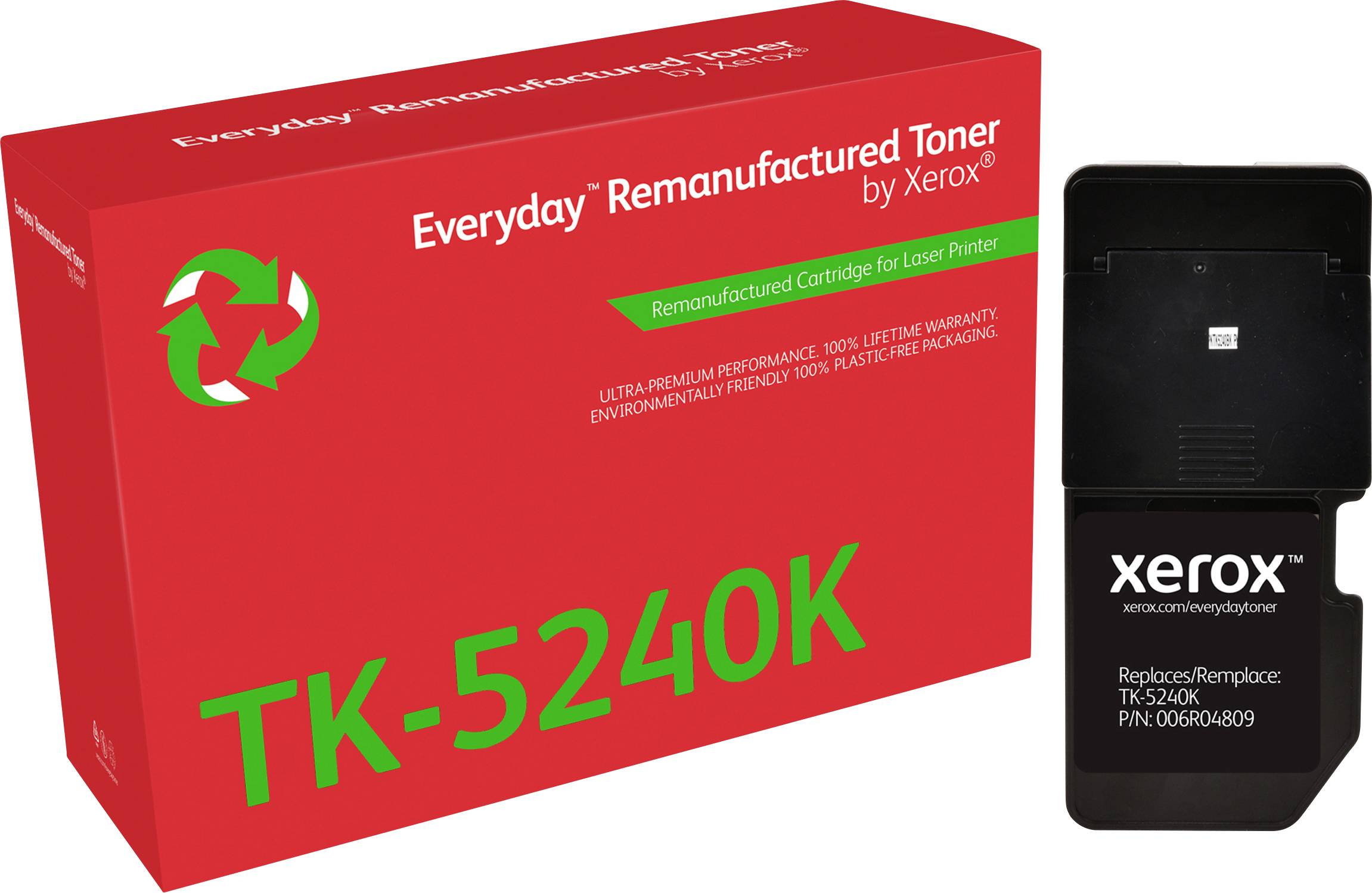 Xerox Remanufactured Toner, Modell TK-5240K, kompatibel mit Kyocera, rote Verpackung mit grünem Recycling-Symbol.
