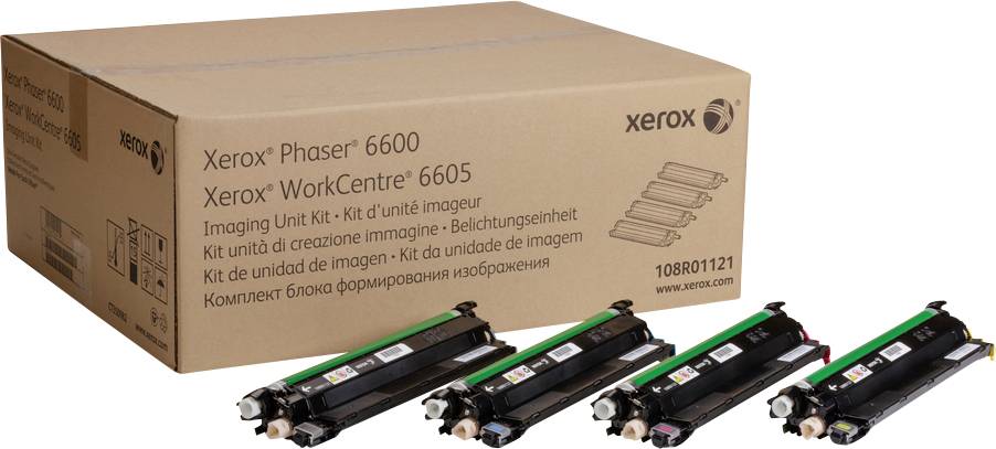 Kartonschachtel und vier Tonerkartuschen für Xerox Phaser 6600 und Xerox WorkCentre 6605. Ersatzteile für Druckerwartung.