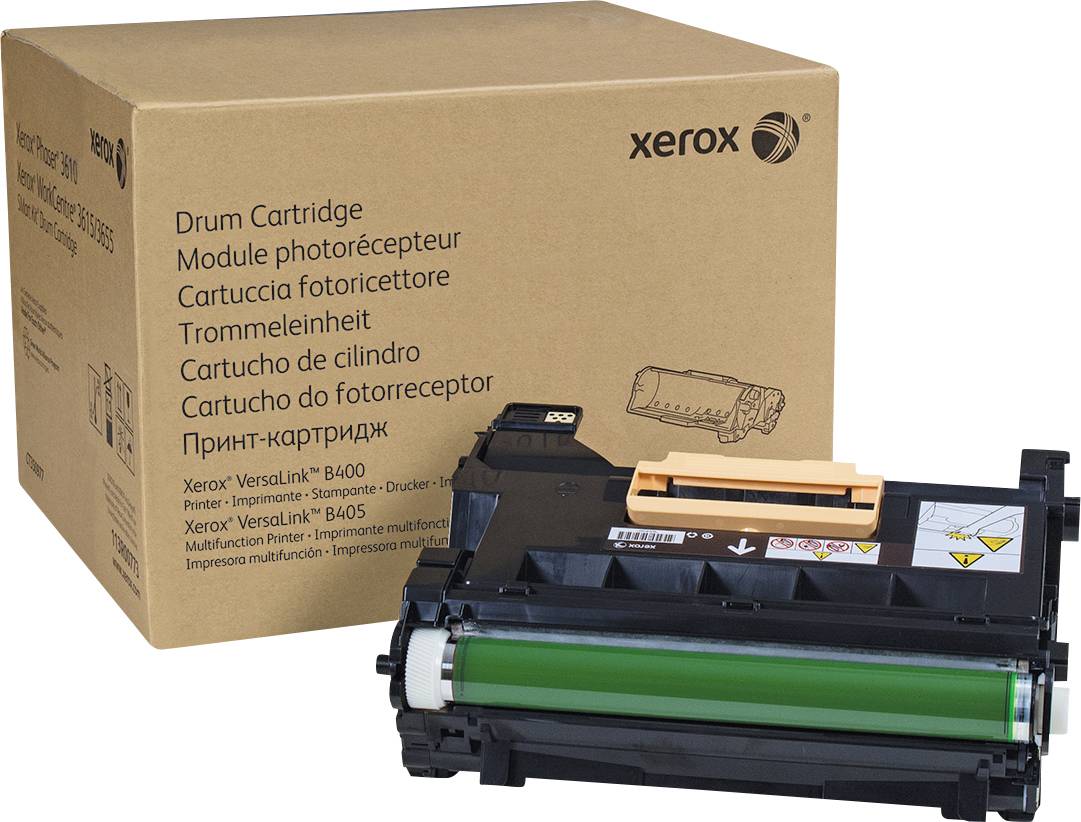 Xerox Trommelkartusche und Verpackung. Kartusche ist schwarz mit grüner Walze, geeignet für Xerox VersaLink B400/B405 Drucker.