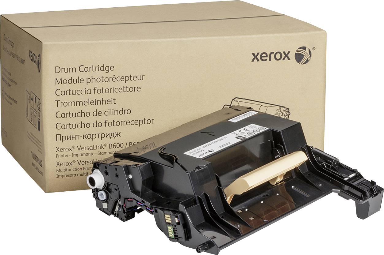 Toner-Kartusche für Xerox VersaLink B600/B610 Drucker, schwarze Kartusche mit Verpackung im Hintergrund.