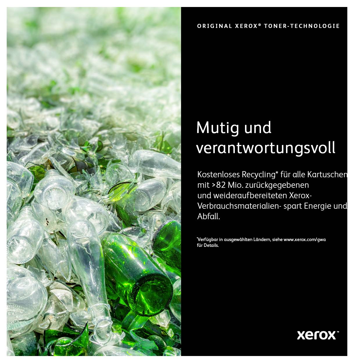 Hintergrund aus recycelbaren Flaschen. Text: Mutig und verantwortungsvoll. Kostenloses Recycling für alle Kartuschen.