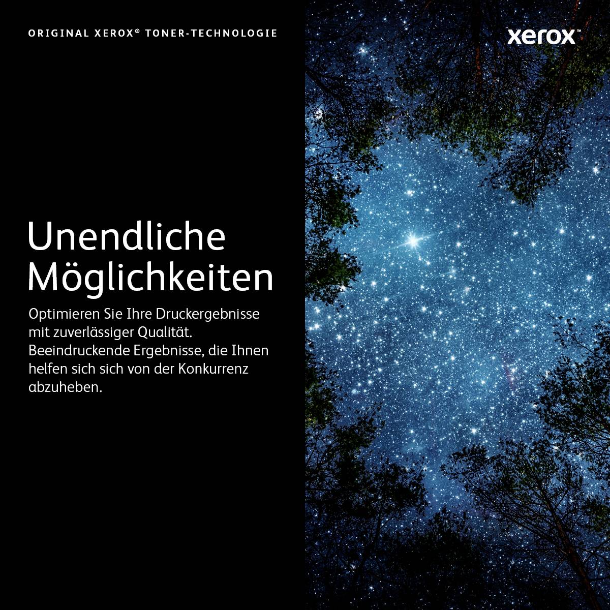 Original Xerox Werbung zeigt Nachthimmel mit Bäumen und Text 'Unendliche Möglichkeiten' über zuverlässige Druckergebnisse und Qualität.