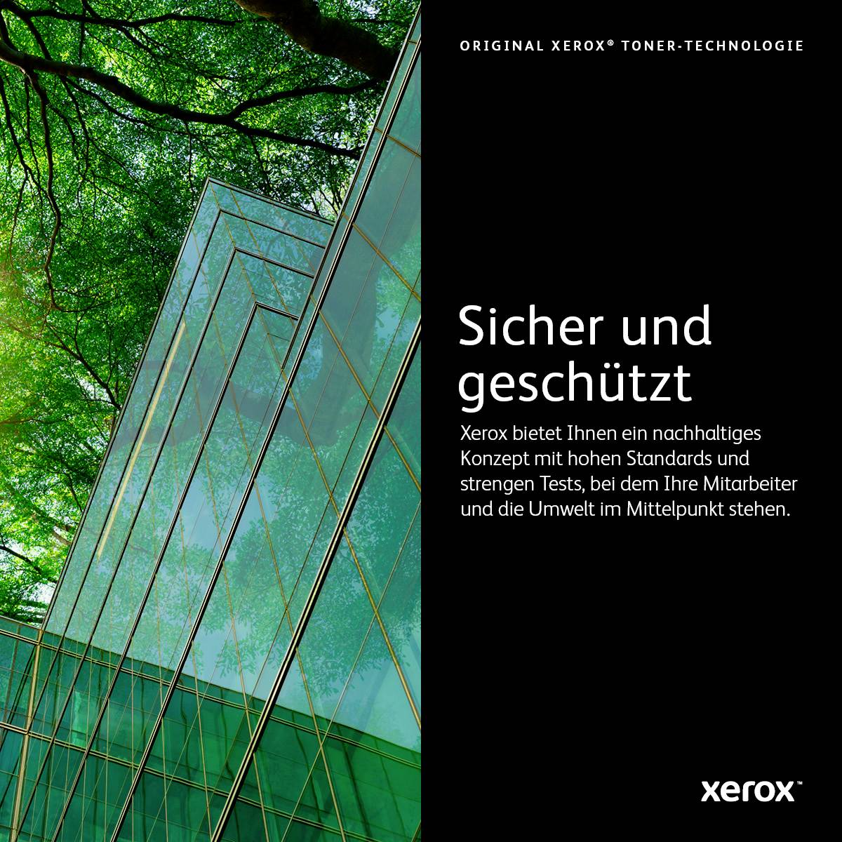 'Poster mit grüner Glasfassade. Text: 'Sicher und geschützt' und Hinweise zu nachhaltigen Standards von Xerox.'