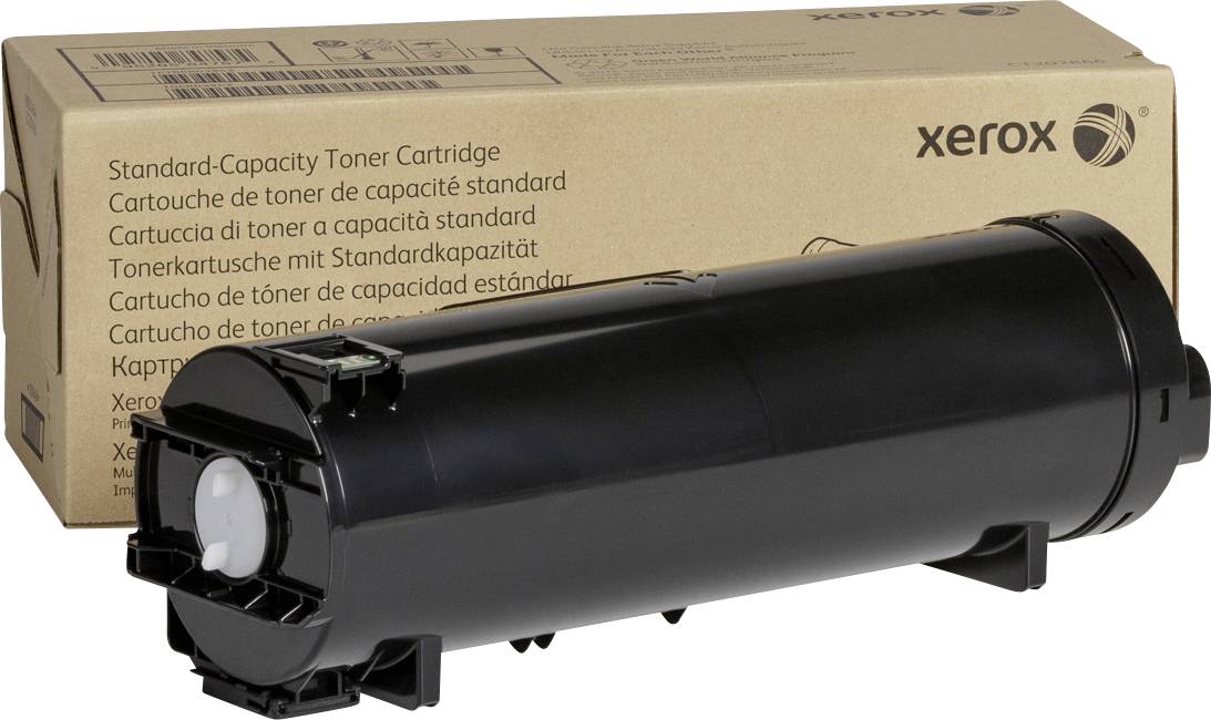 Schwarze Tonerkartusche vor einer braunen Verpackung mit dem Logo 'Xerox'. Kartusche für standardmäßige Druckkapazität.