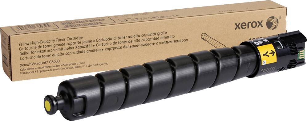 Gelbe Hochkapazitäts-Tonerkartusche in schwarzem Gehäuse neben der Verpackung mit Xerox-Logo, für den Xerox VersaLink C8000 Drucker.