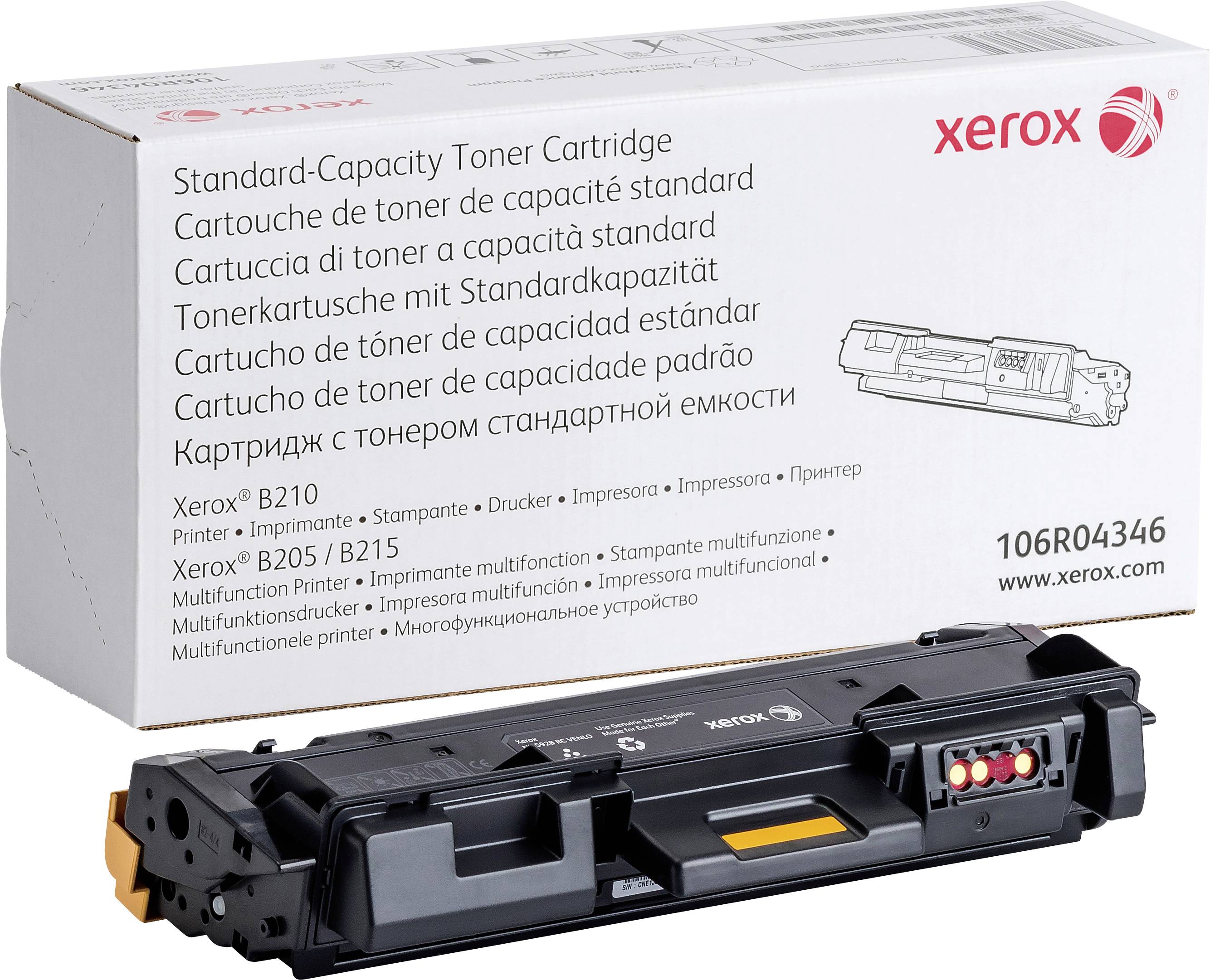 Standard-Tonerkartusche für Xerox-Drucker, Modell B210/B205/B215. Verpackung zeigt Produktmerkmale in mehreren Sprachen.