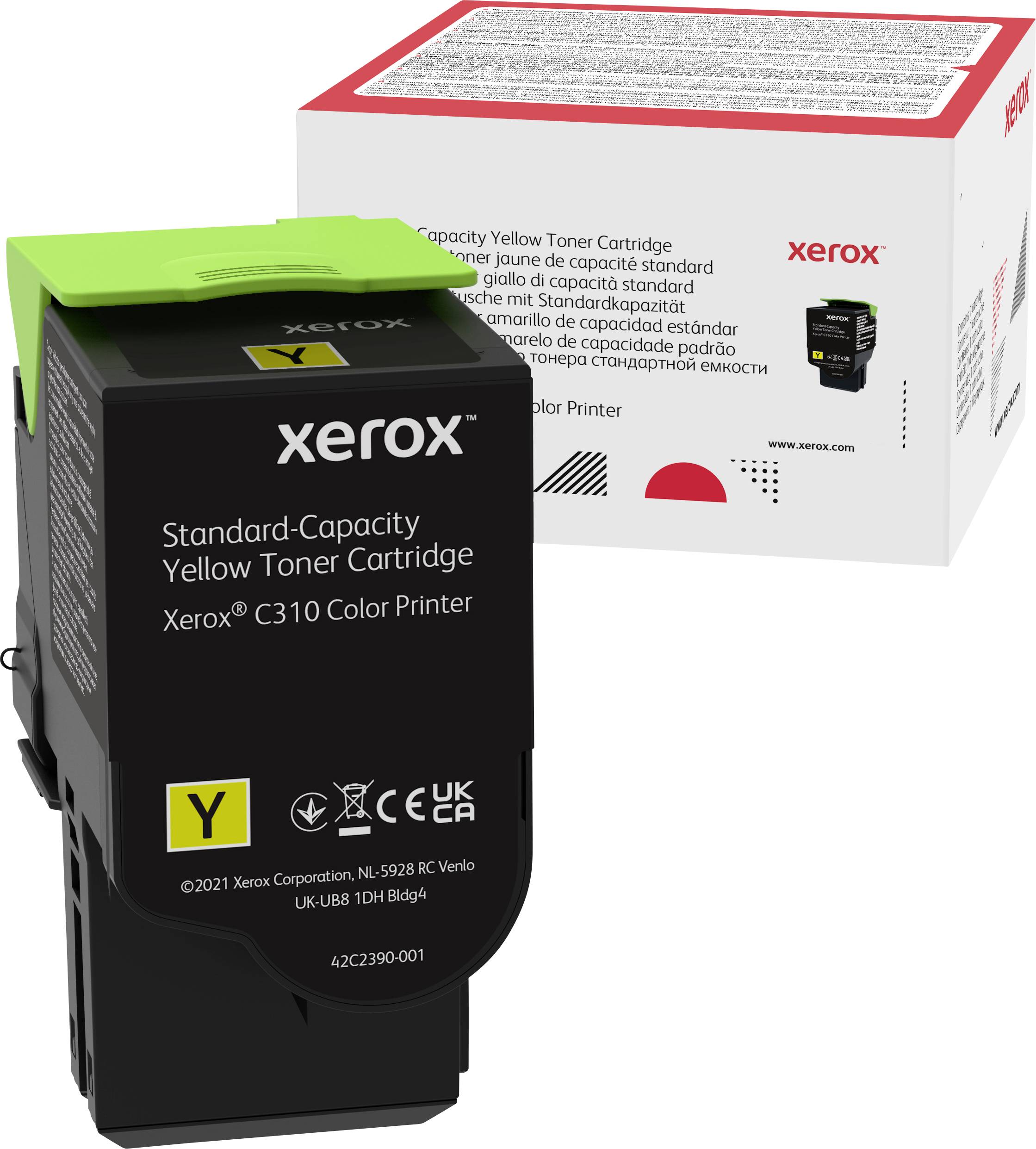 Standardkapazität Gelber Toner Cartridge für Xerox C310 Farbdrucker. Abgebildet sind Kartusche und passende Verpackung von Xerox.