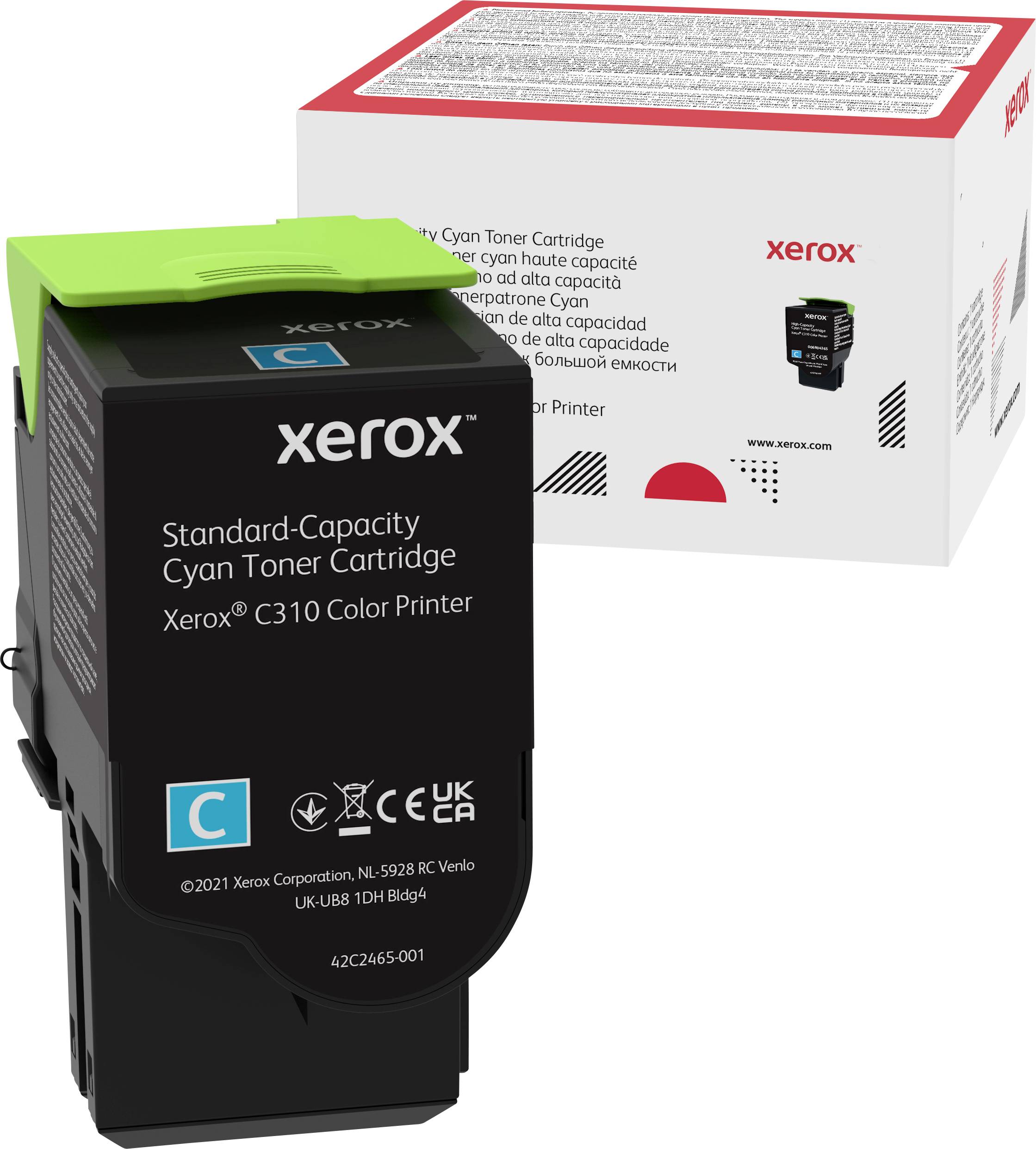 Patrone und Verpackung der Xerox Standard-Kapazität Cyan Tonerkartusche für den Xerox C310 Farbprinter, mit Produkttexten.