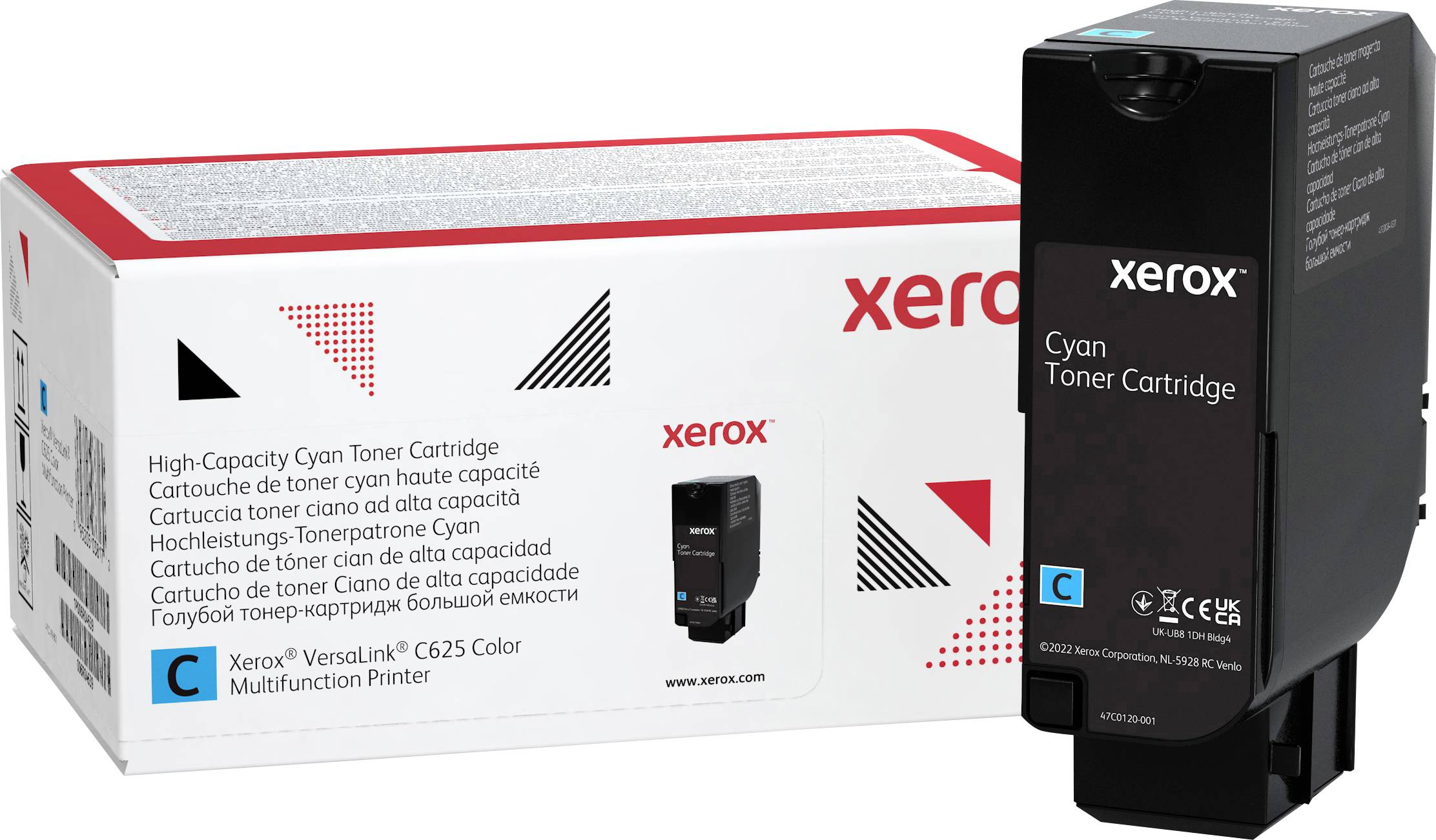 Xerox Cyan Toner Cartridge neben der Verpackung. Aufkleber: Kompatibel mit Versalink C625 Farbdrucker. Verpackung mit Produktdetails.