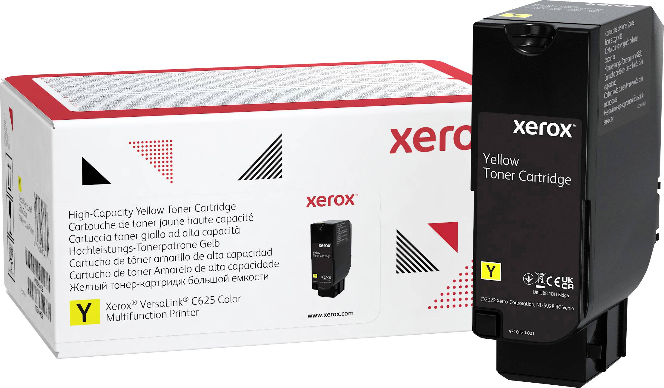 Xerox Tonerpatrone in Schwarz und Gelb, geeignet für den Xerox VersaLink C625 Farbdrucker. Verpackung mit Details und Logos.