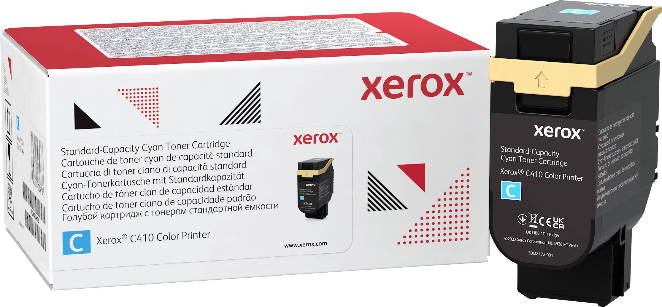 'Xerox C310' Druckertonerkartusche in Cyan neben ihrer Verpackung, die in mehreren Sprachen die Kapazität und Kompatibilität beschreibt.