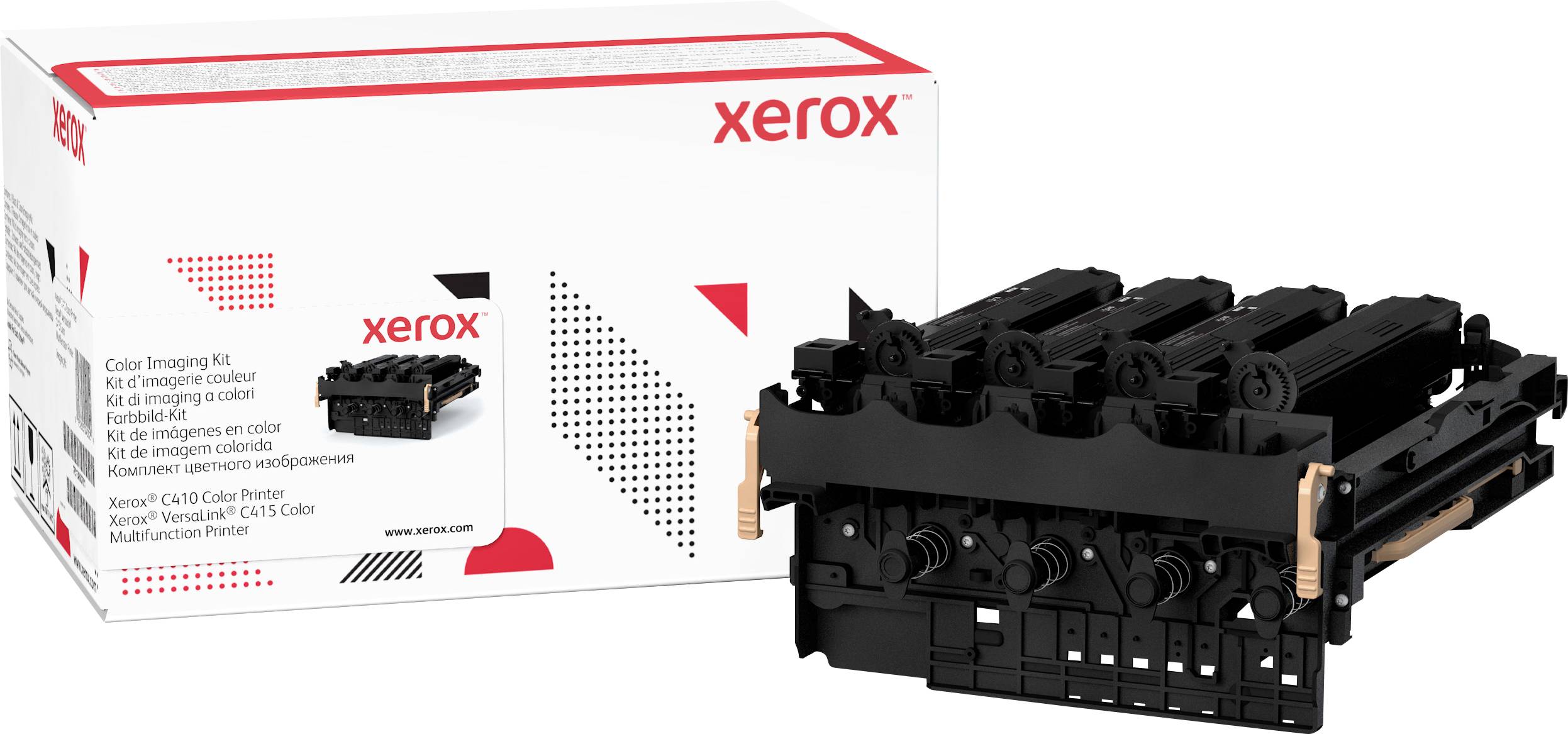 Eine Kartusche für Xerox-Drucker neben der Verpackung. Die Verpackung zeigt das Xerox-Logo und ein Bild der Kartusche.
