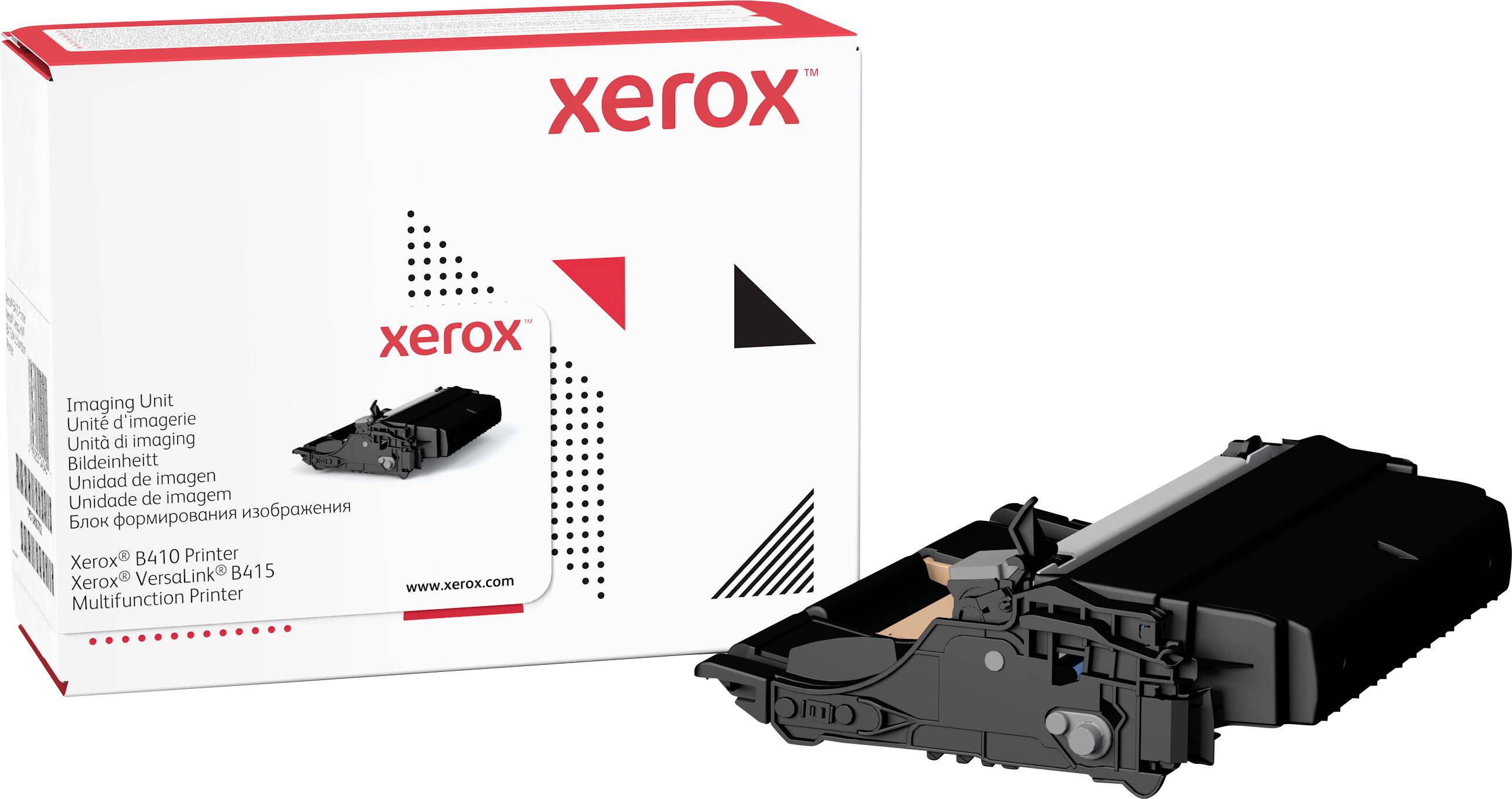 Tonerpatrone und Verpackung für Xerox B410 Drucker, mit 'Imaging Unit' und 'Bildeinheit' Beschriftung auf der Box.