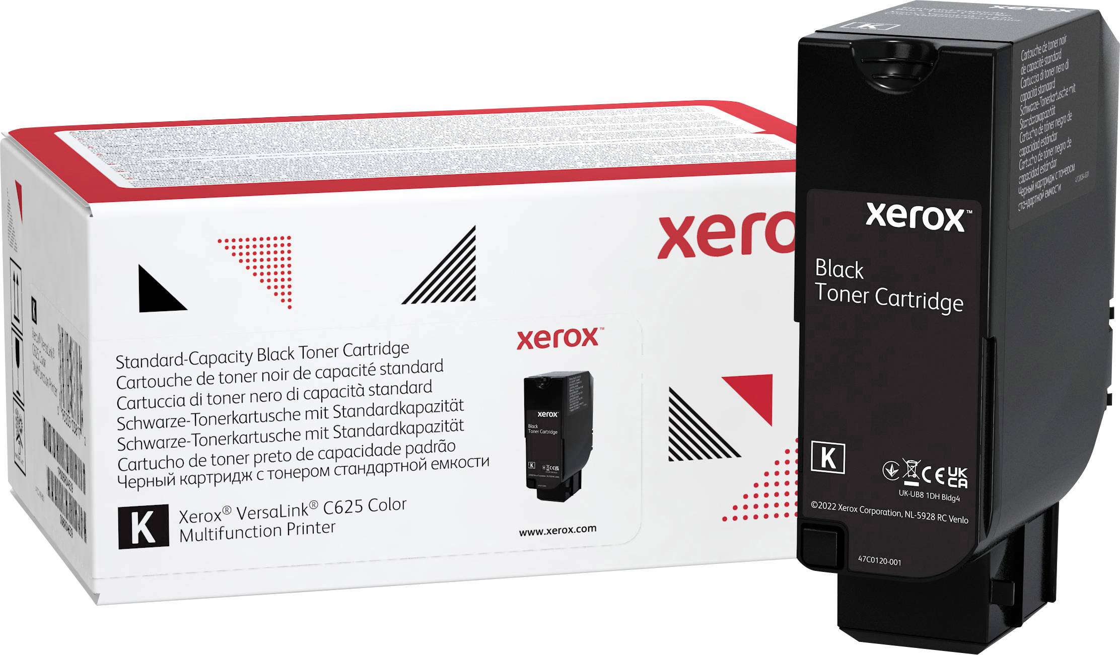 Schwarze Tonerkartusche und ihre Verpackung für Xerox VersaLink C625 Farbmultifunktionsdrucker, Text und Markenzeichen sichtbar.