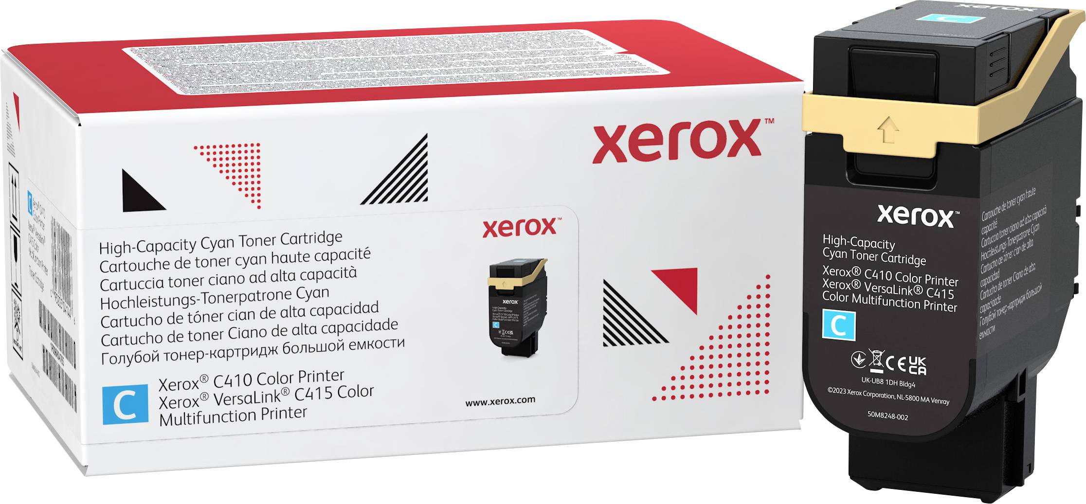 Tonerpatrone Xerox C410, hohe Kapazität. Geeignet für Xerox VersaLink C415. Verpackung und Patrone in Schwarz und Blau-Tönen.