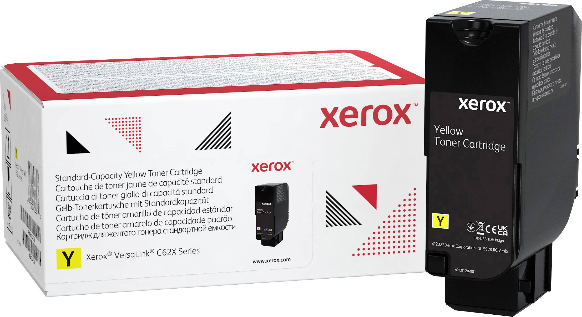 Eine Xerox VersaLink C62X Gelb-Tonerkartusche, geeignet für die Serien C620/C625. Verpackung und Kartusche mit Produktinformationen.