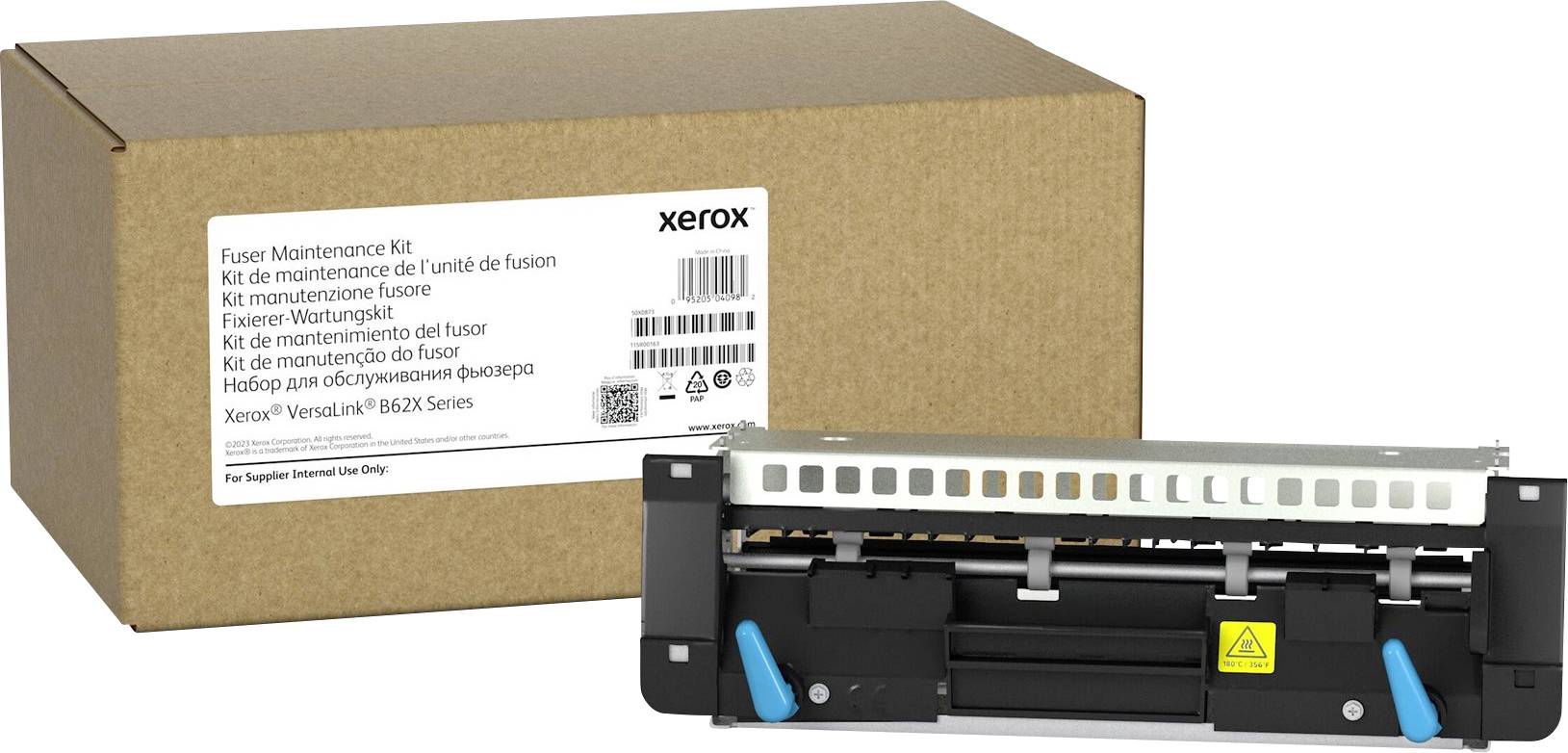 Ein 'Fuser Maintenance Kit' von Xerox für die Versant 80/B60/B70 Serie neben einer braunen Verpackung mit Produktetikett.