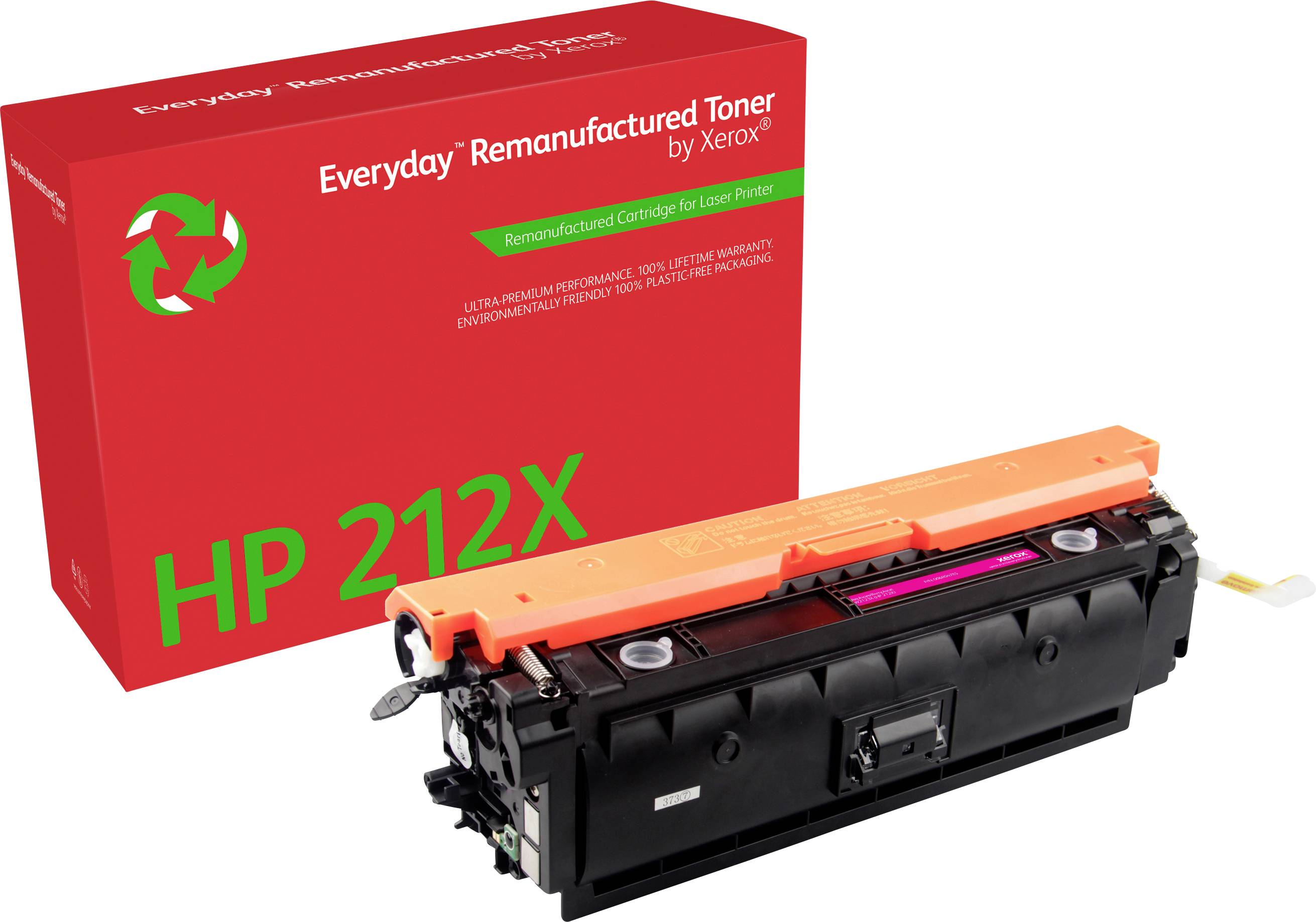 Ein roter Karton von Xerox für wiederaufbereitete Tonerkartuschen, daneben eine schwarze Tonerkartusche mit orangenen Elementen.