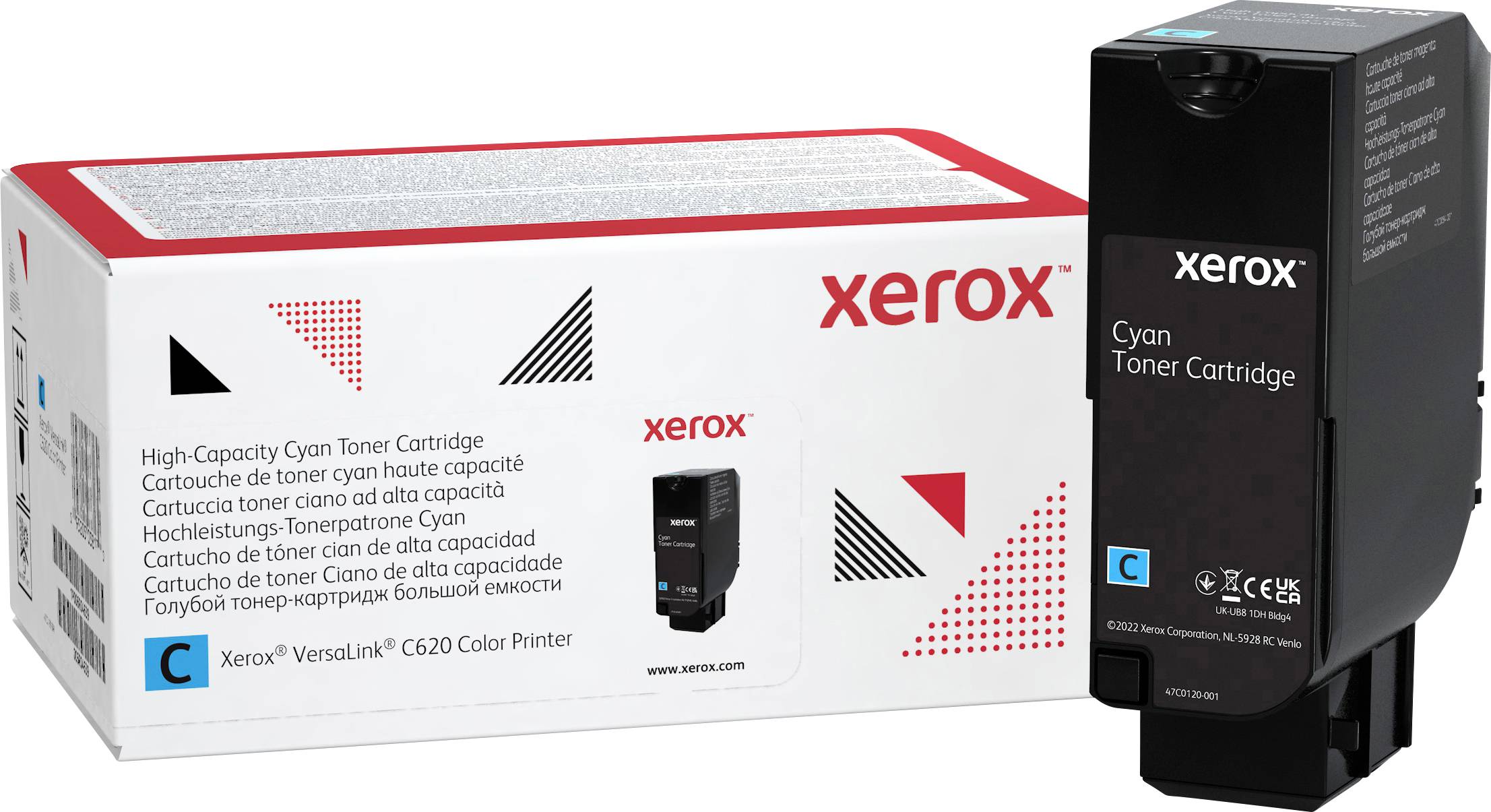 'Xerox Cyan Toner Cartridge' neben Verpackung mit Produktdetails und Herstellerlogo. Geeignet für Xerox VersaLink C620 Drucker.