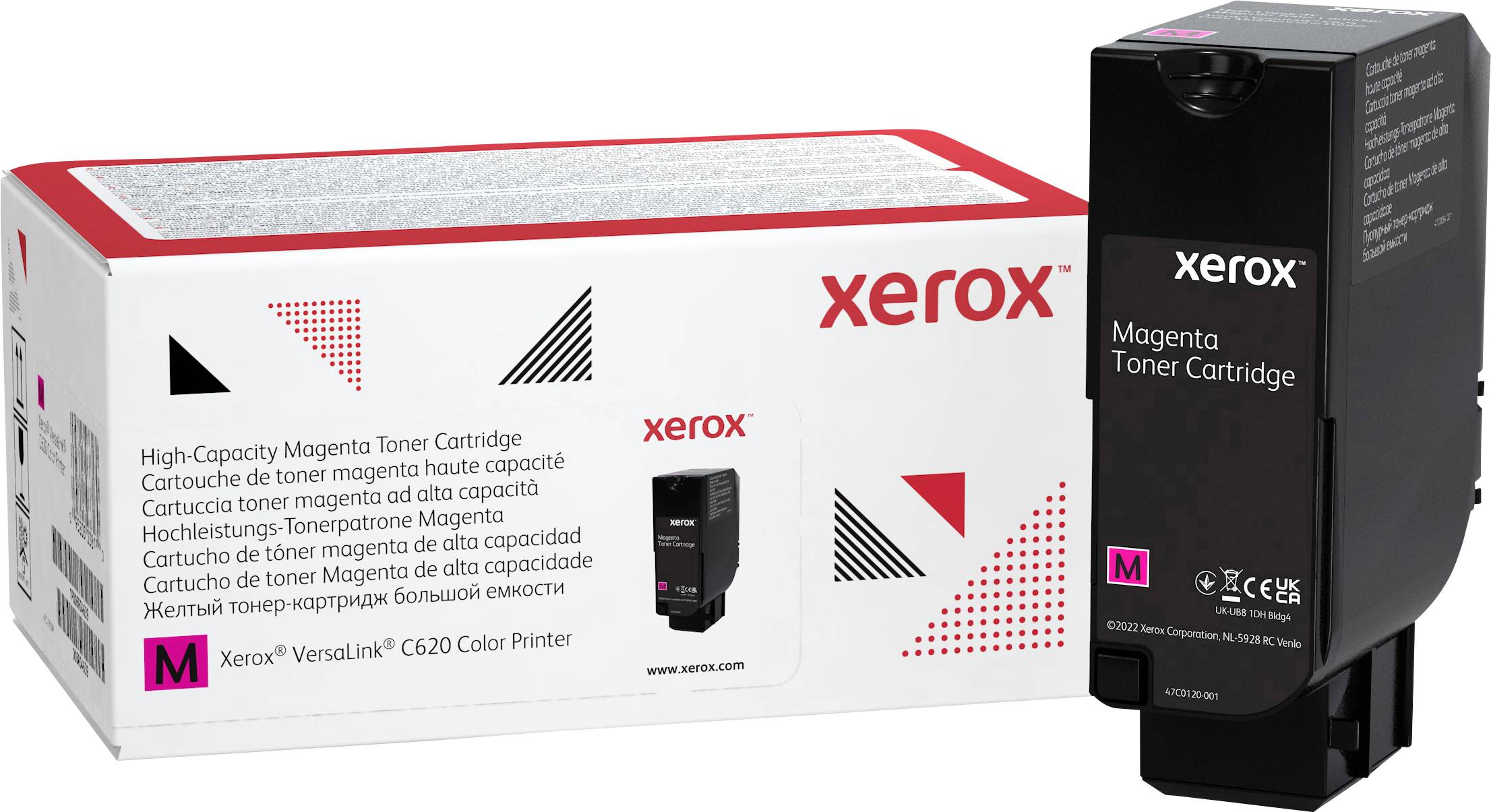 'Xerox Magenta Toner Cartridge' für VersaLink C600 Farbdrucker. Verpackung mit schwarzem Kartonbehälter, markiert als hochkapazitiv.