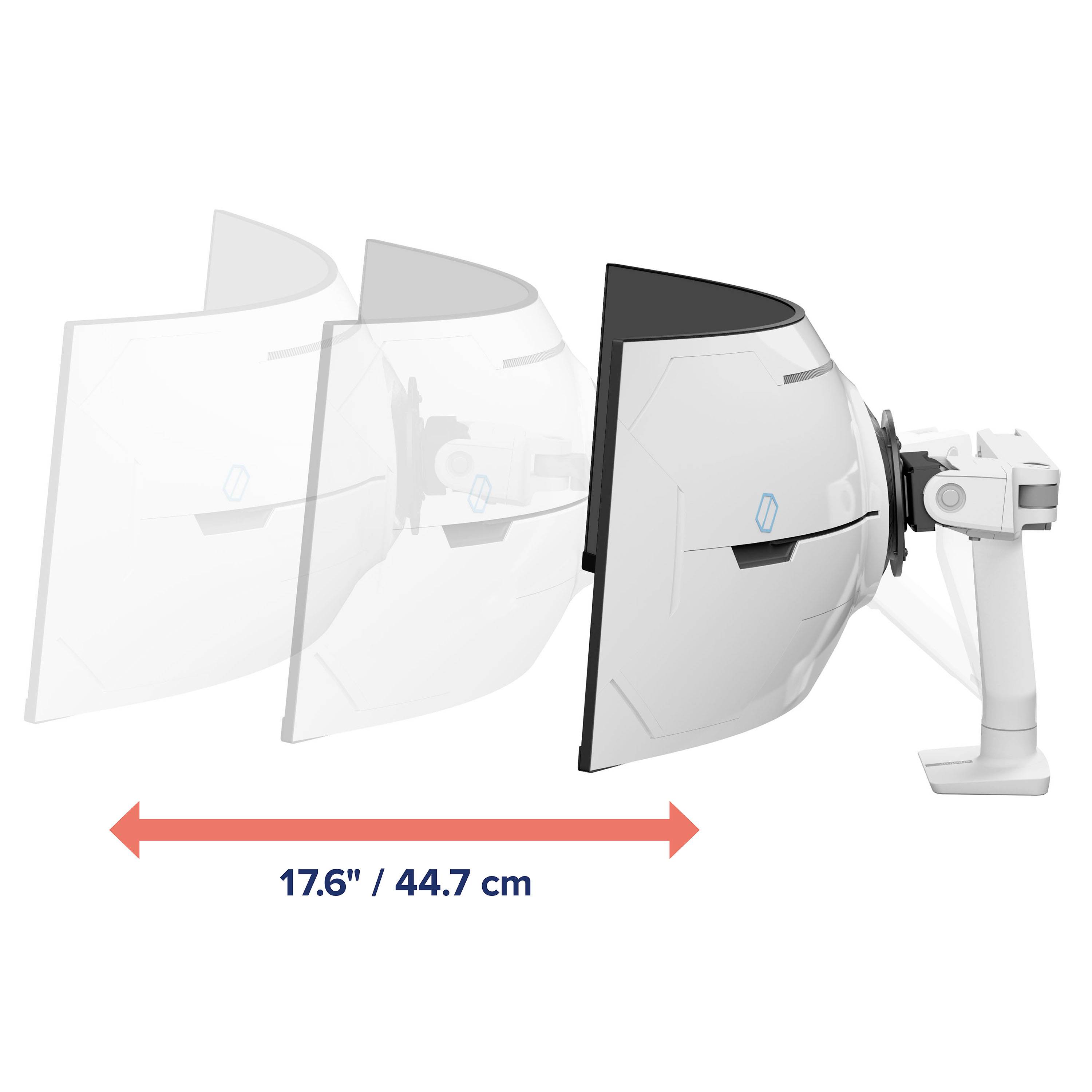 Darstellung eines Monitors mit verstellbarer Tiefeneinstellung von 17,6 Zoll (44,7 cm). Zeigt Flexibilität in der Positionierung.