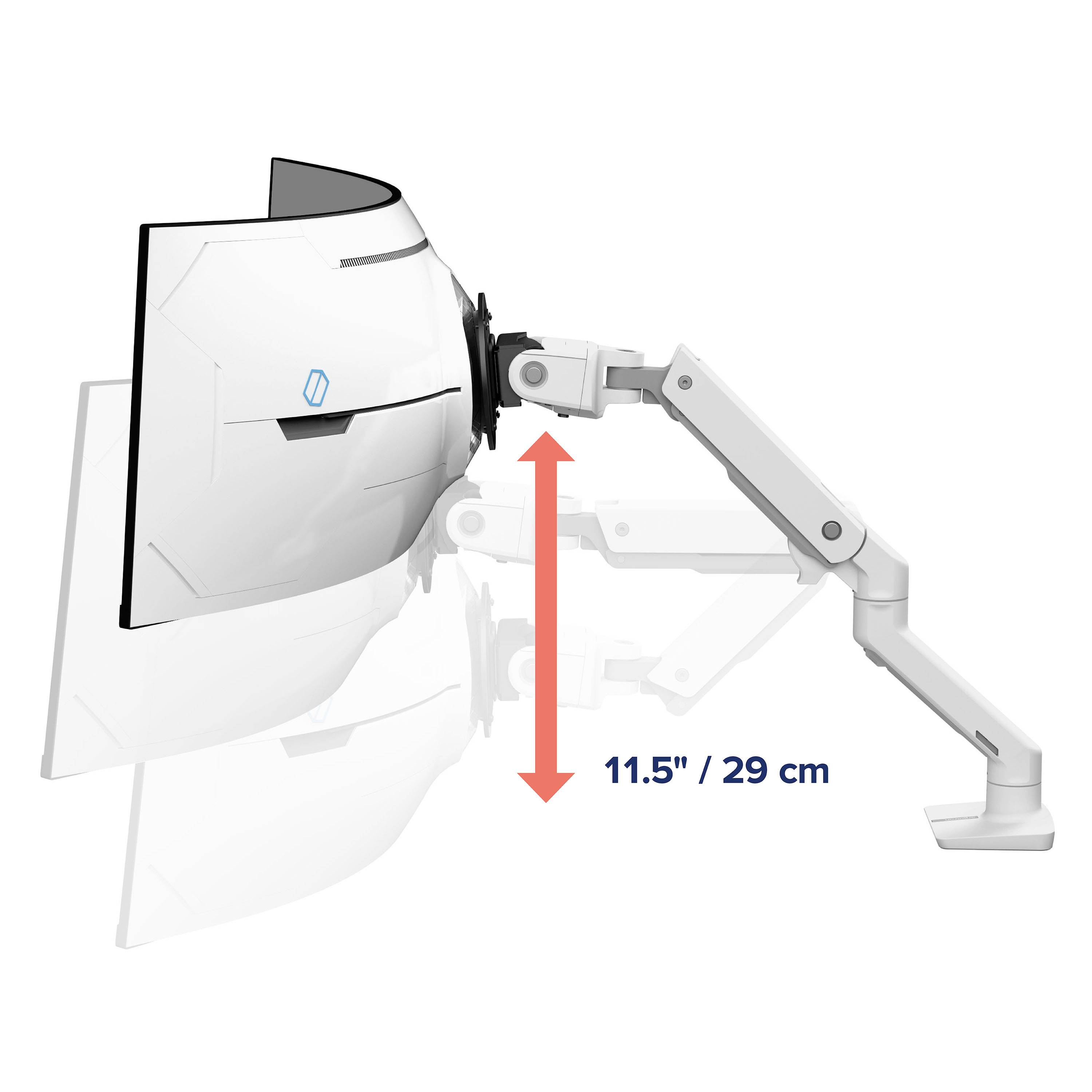 Monitorhalterung mit verlängerbarem Arm, der bis zu 29 cm ausgezogen werden kann. Zeigt Anpassung der Bildschirmhöhe in der Seitenansicht.