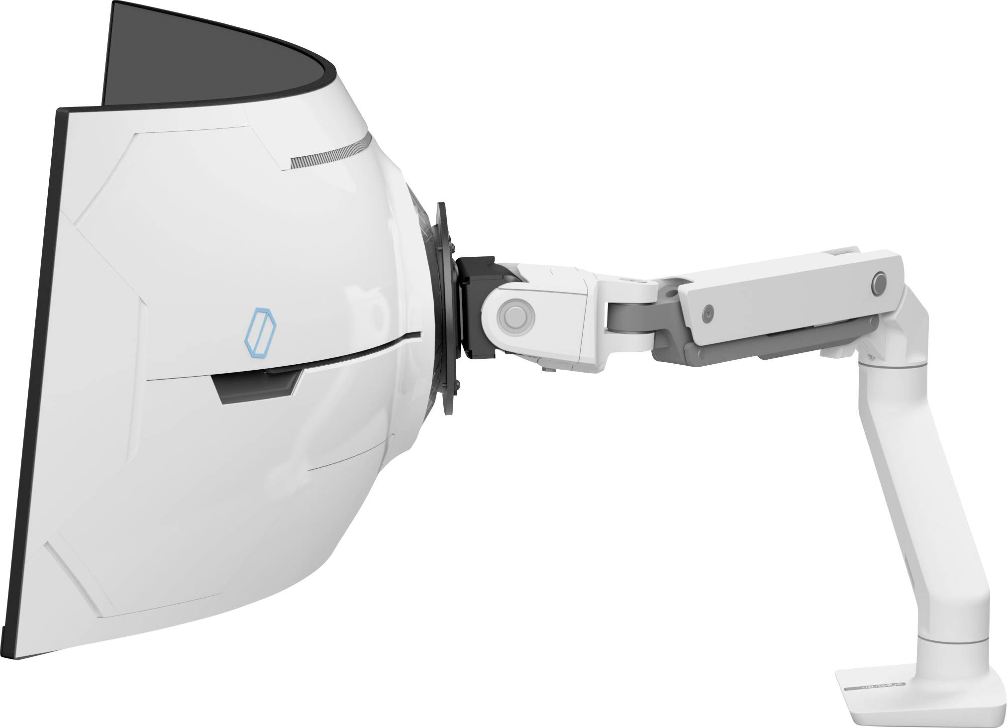 Ein weißer Roboterarm mit einem futuristischen Schutzschild an der Spitze. Der Arm ist in einer seitlich ausgestreckten Position montiert.