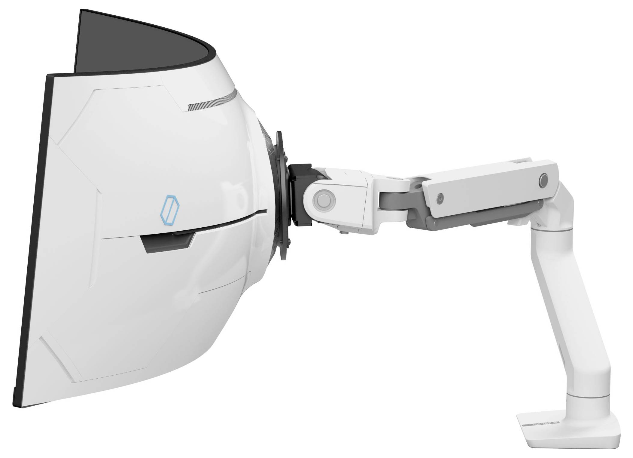 Ein weißer, futuristischer VR-Helm mit anpassbarem Arm, befestigt auf einem Standfuß, Seitenansicht.