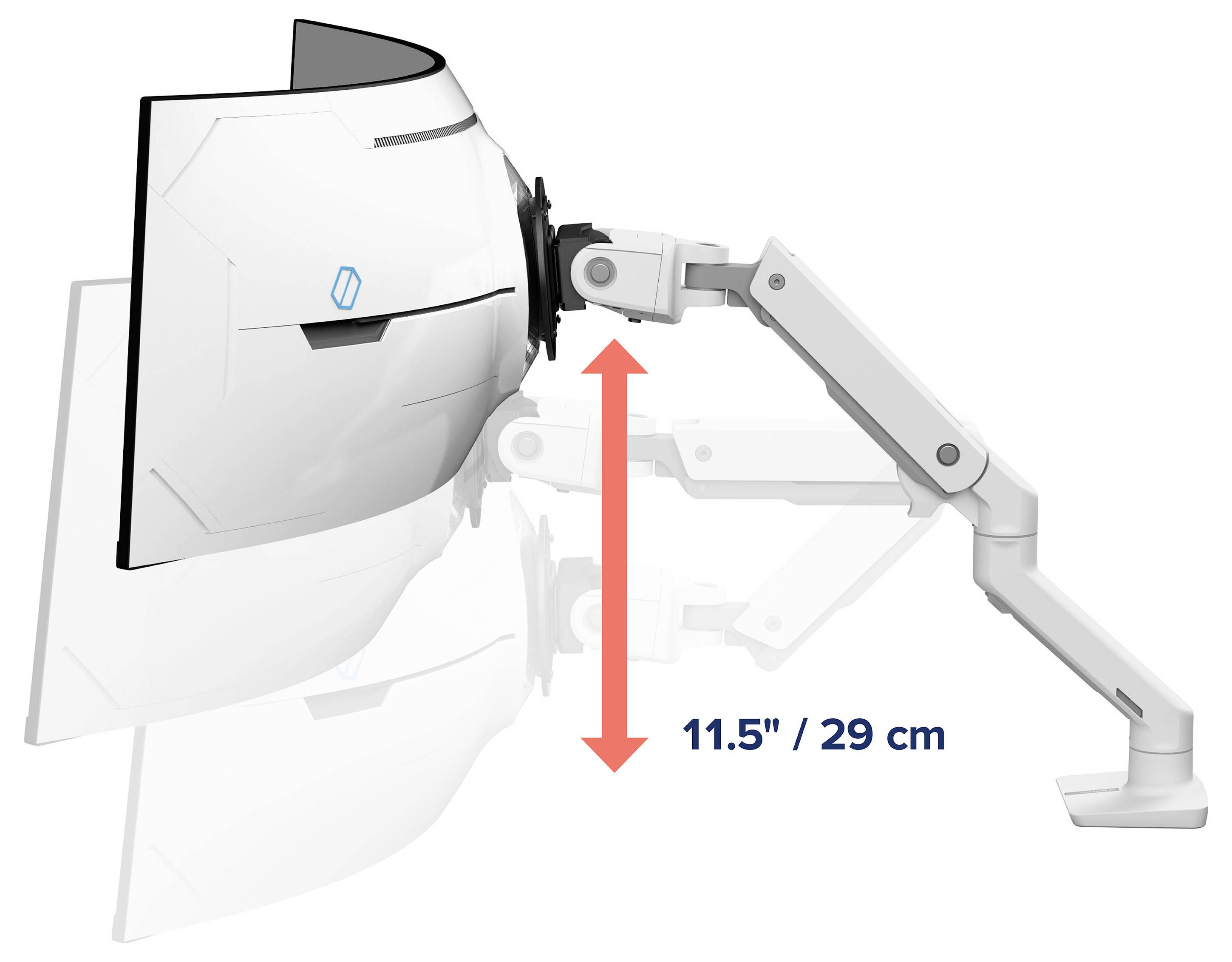 Illustration eines Monitors mit verstellbarem Arm, der um 11,5 Zoll/29 cm angehoben werden kann.