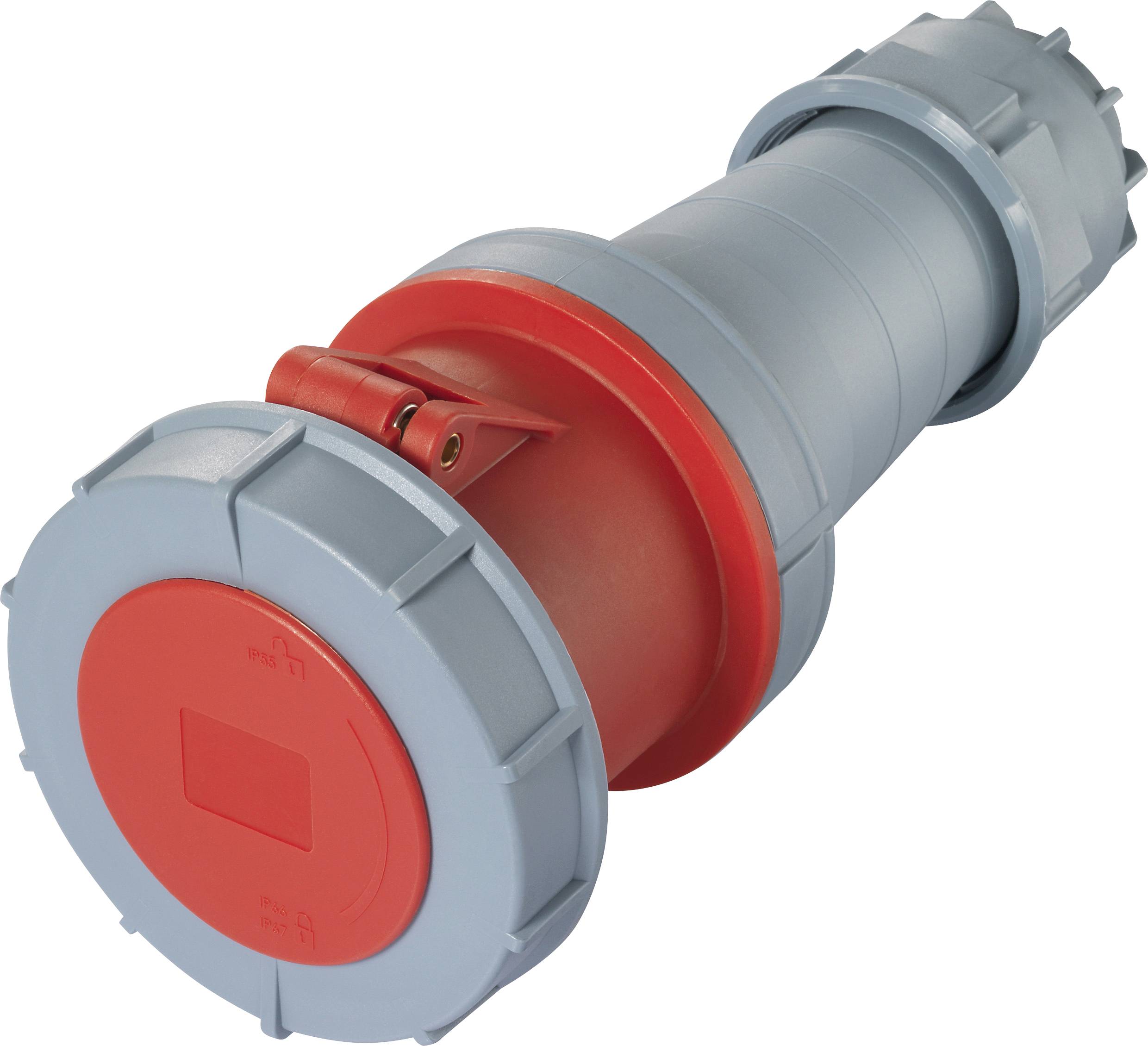 Grauer und roter elektrischer Steckverbinder, zylindrische Form, mit robustem Design, oft in industriellen Anwendungen genutzt.