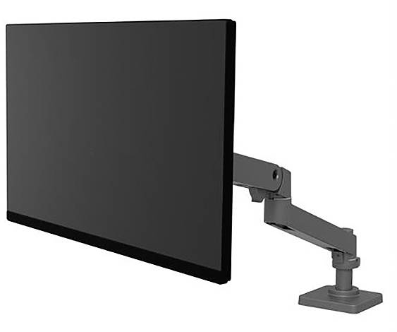 Ein Flachbildschirm ist an einem verstellbaren Monitorarm befestigt. Der Arm ermöglicht eine flexible Positionierung des Bildschirms.