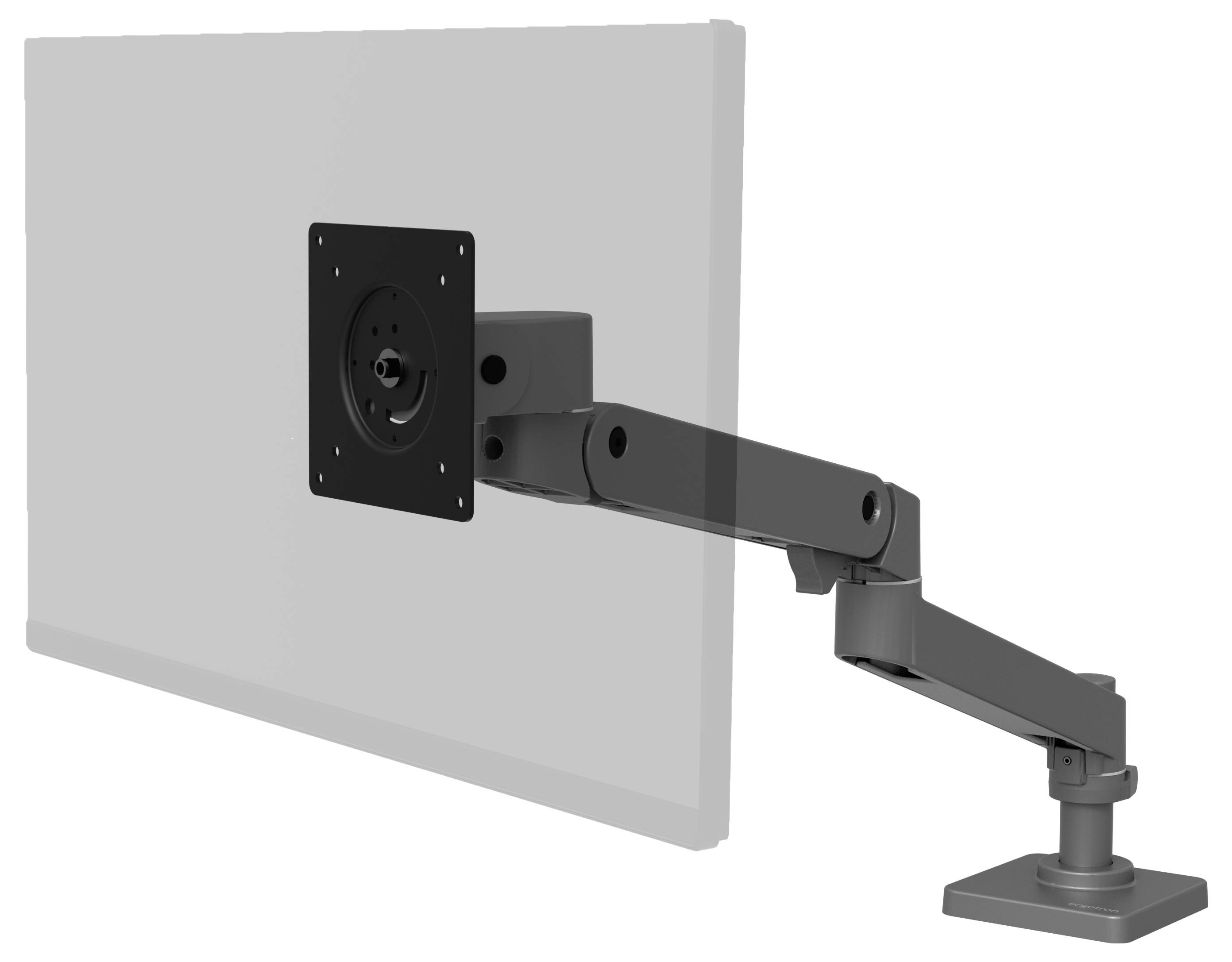 Ein verstellbarer Monitorarm aus Metall ist an einem Schreibtisch befestigt, bereit, einen Bildschirm zu halten.