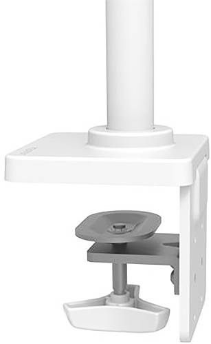 Ein weißer Monitorhalterungsarm zur Befestigung an Rändern von Tischplatten, mit Schraubklemme für stabilen Halt.