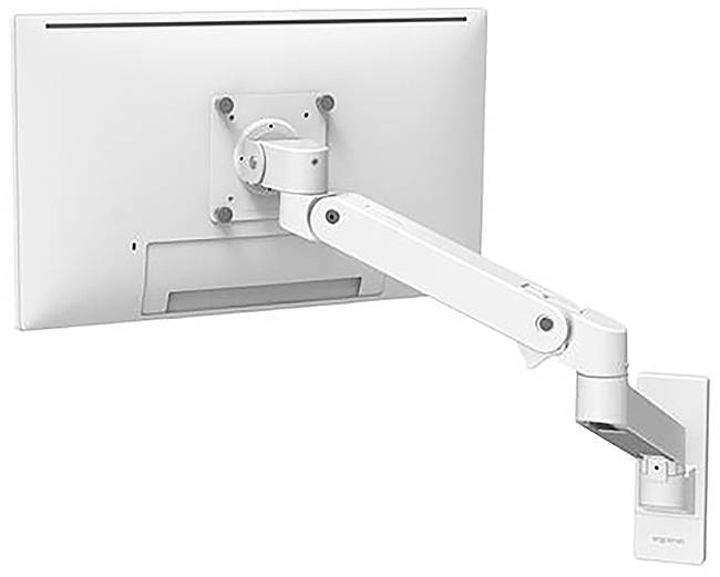 Ein weißer Monitorhalterungsarm ist an einer Wand montiert und hält einen Bildschirm. Der Arm ist flexibel und ausrichtbar.