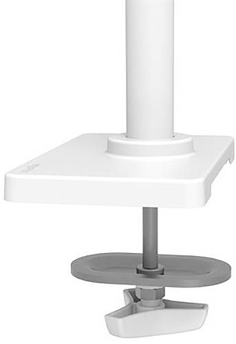 Ein weißer Monitorhalter mit Klemme zur Befestigung an einem Tisch. Geeignet zur Platzersparnis und für flexible Bildschirmpositionierung.