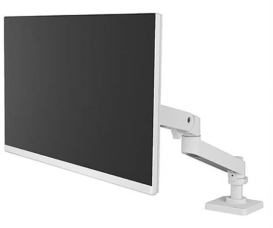 Ein flacher, schwarzer Computerbildschirm mit einem weißen verstellbaren Arm, der an einem Schreibtisch befestigt ist.