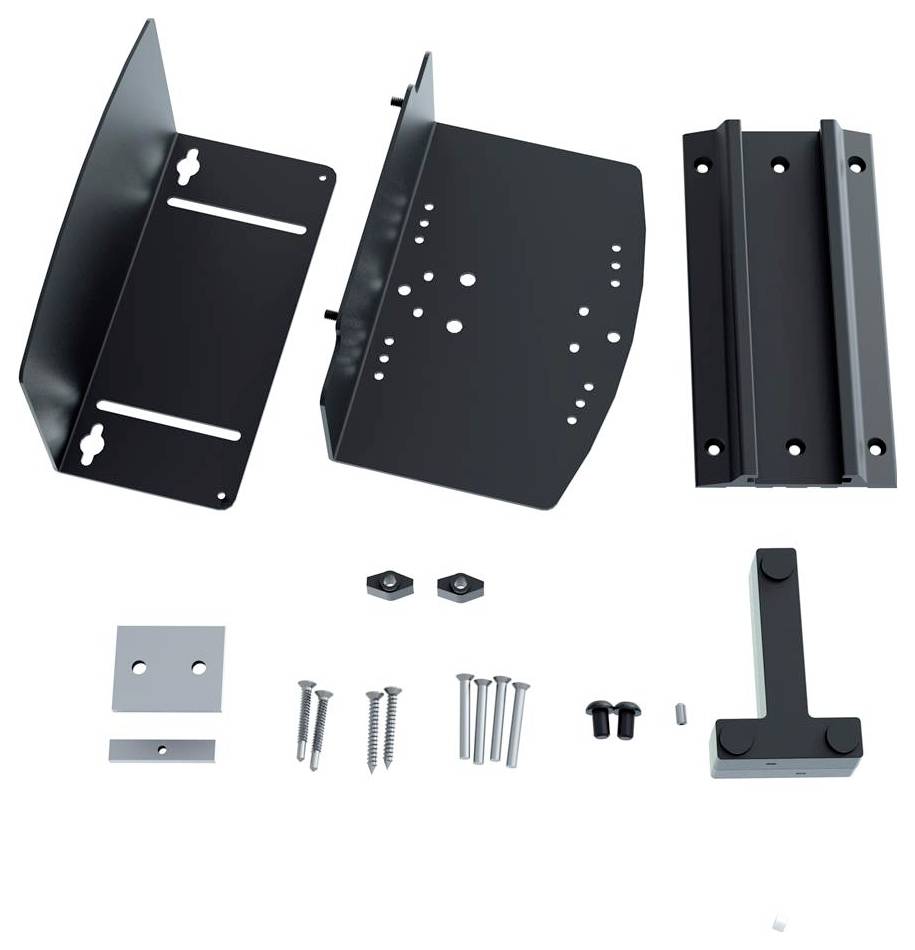 Halterungsset zur Wandmontage aus Metall, bestehend aus drei Hauptteilen, Schrauben, Dübeln und Befestigungselementen.
