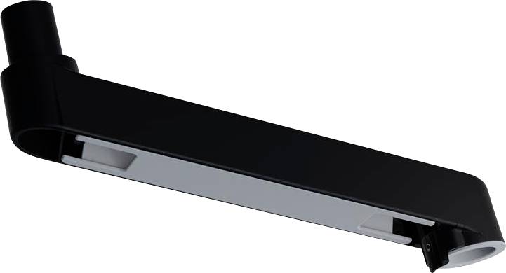 Schwarzes, modernes LED-Lichtmodul mit geschwungener Form und strukturellem Element oben links. Geeignet für funktionale Beleuchtung.