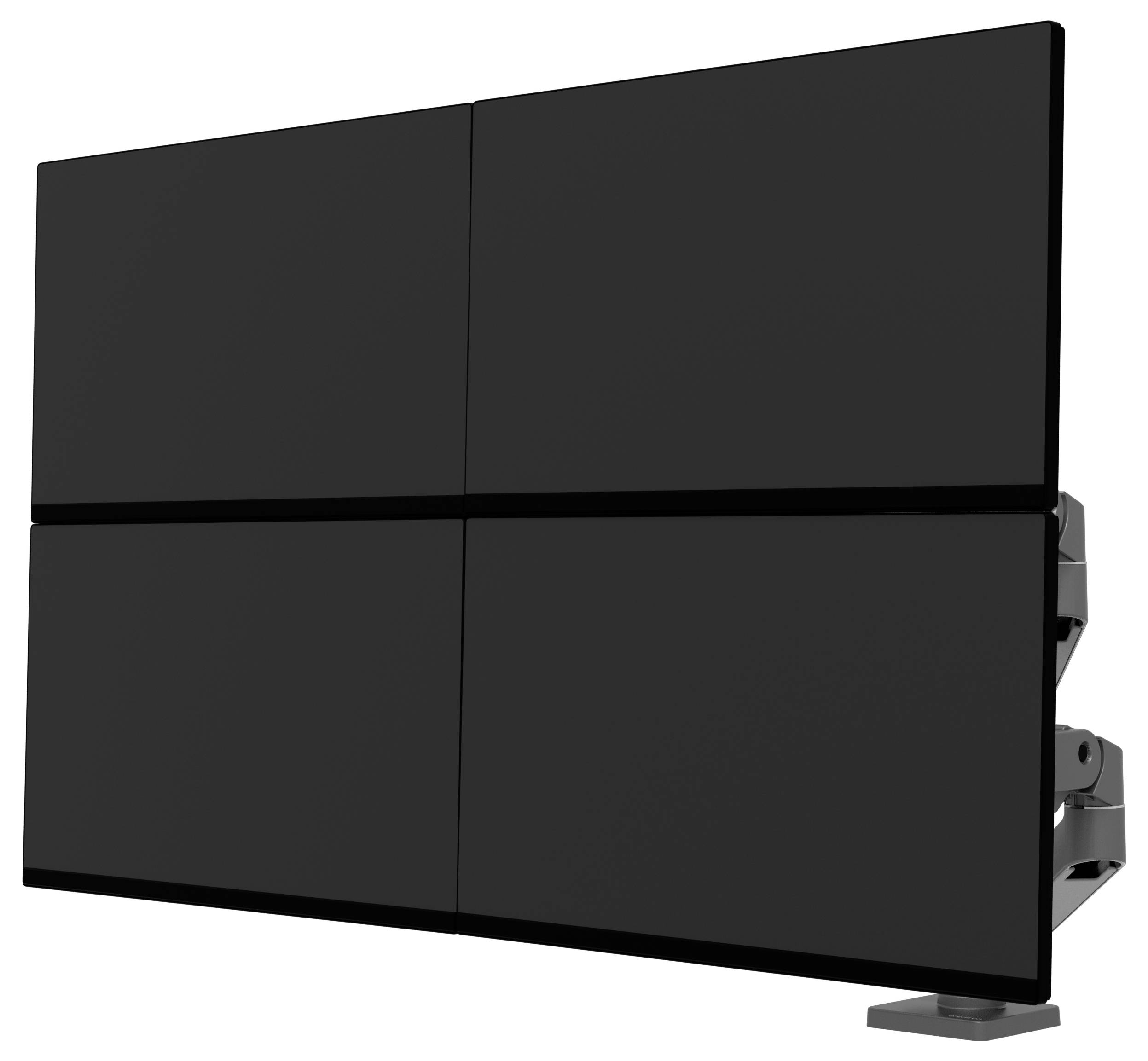 Vier nebeneinander und übereinander angeordnete Monitore, montiert auf einem stabilen Ständer. Ideal für Multi-Display-Arbeitsplätze.