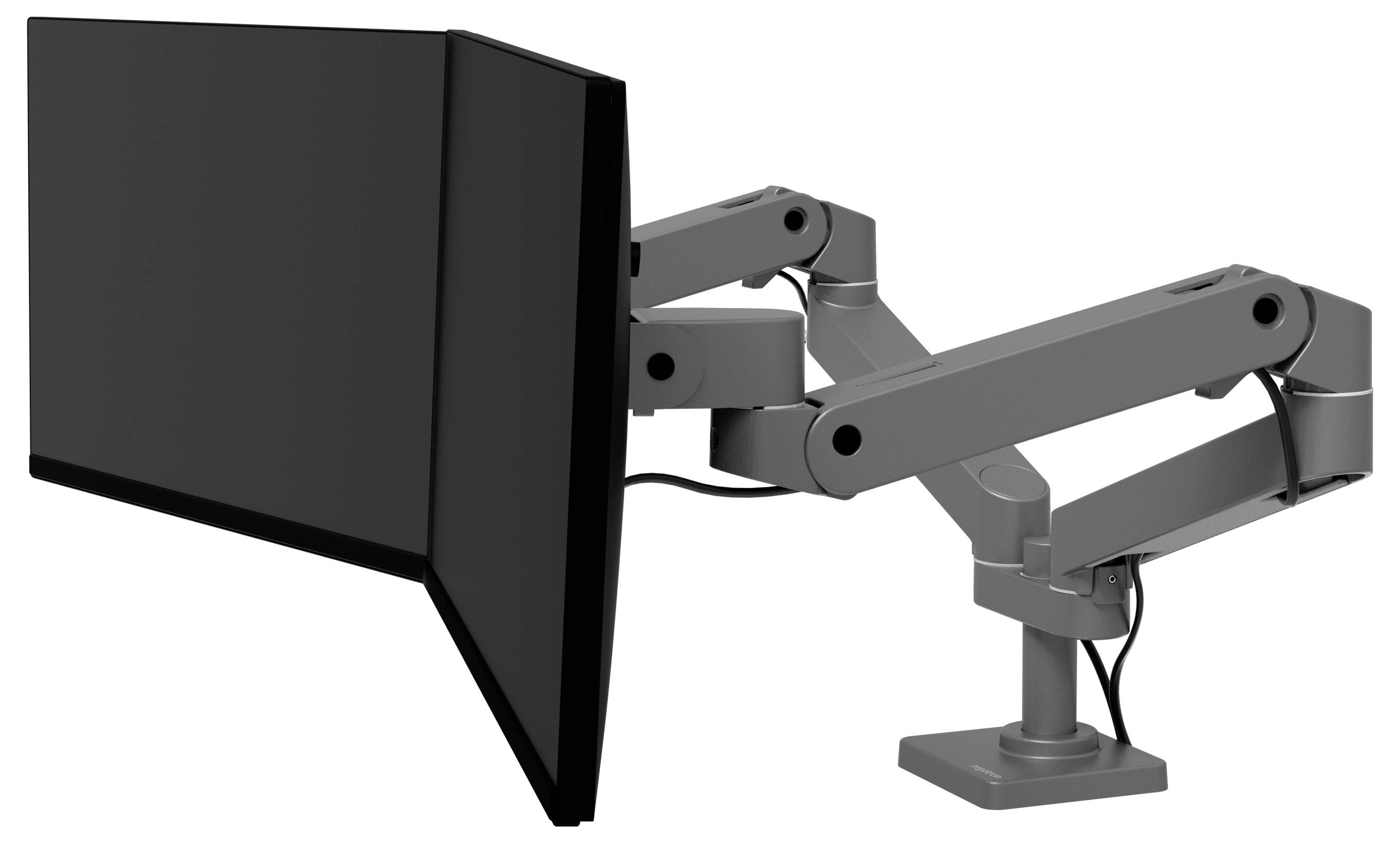 Ein schwarzer Monitor ist an einem verstellbaren, silbernen Doppelgelenk-Arm befestigt, das auf einem Tisch montiert ist.