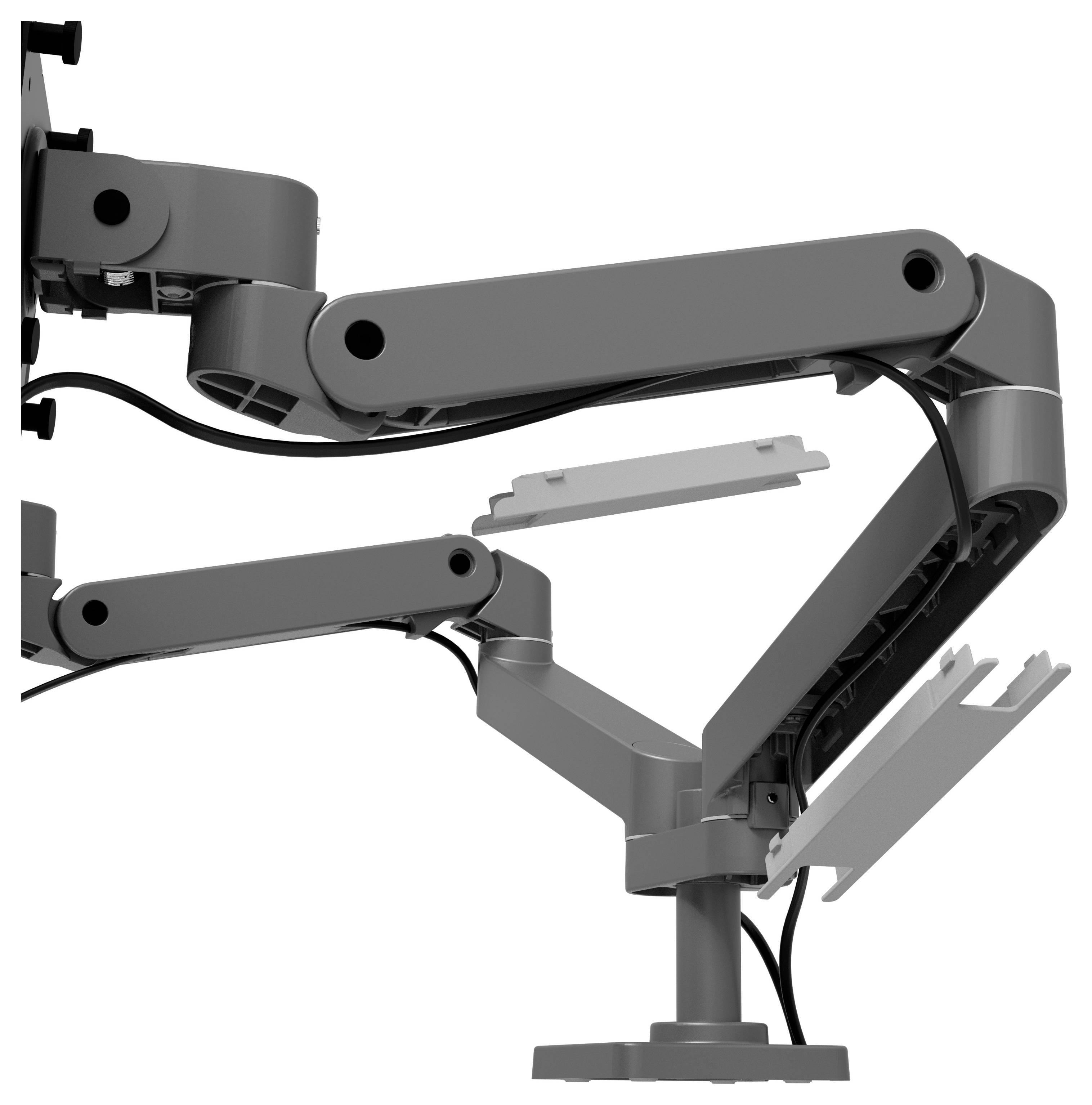 Ein doppelter Monitorarm aus Metall mit Gelenken, an dem zwei Monitore horizontal montiert werden können. Ideal zur Schreibtischorganisation.