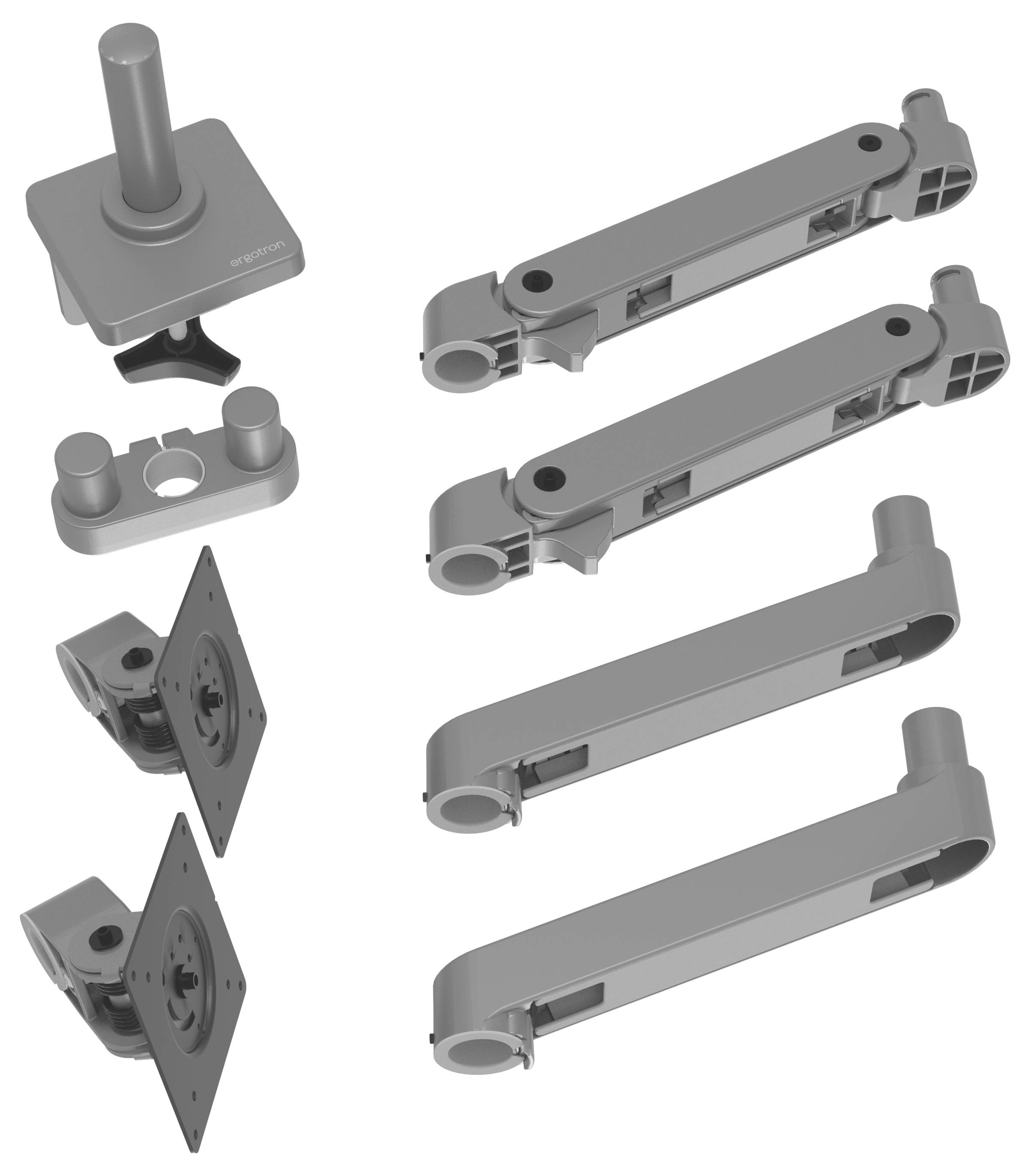 Verschiedene graue Metallteile für eine mechanische oder industrielle Montage sind abgebildet, darunter Hebel, Scharniere und Befestigungselemente.