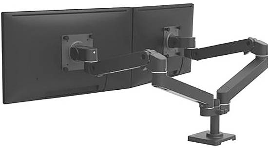 Zwei montierte Monitore mit einem flexiblen Doppelarmständer, der Anpassungen ermöglicht.